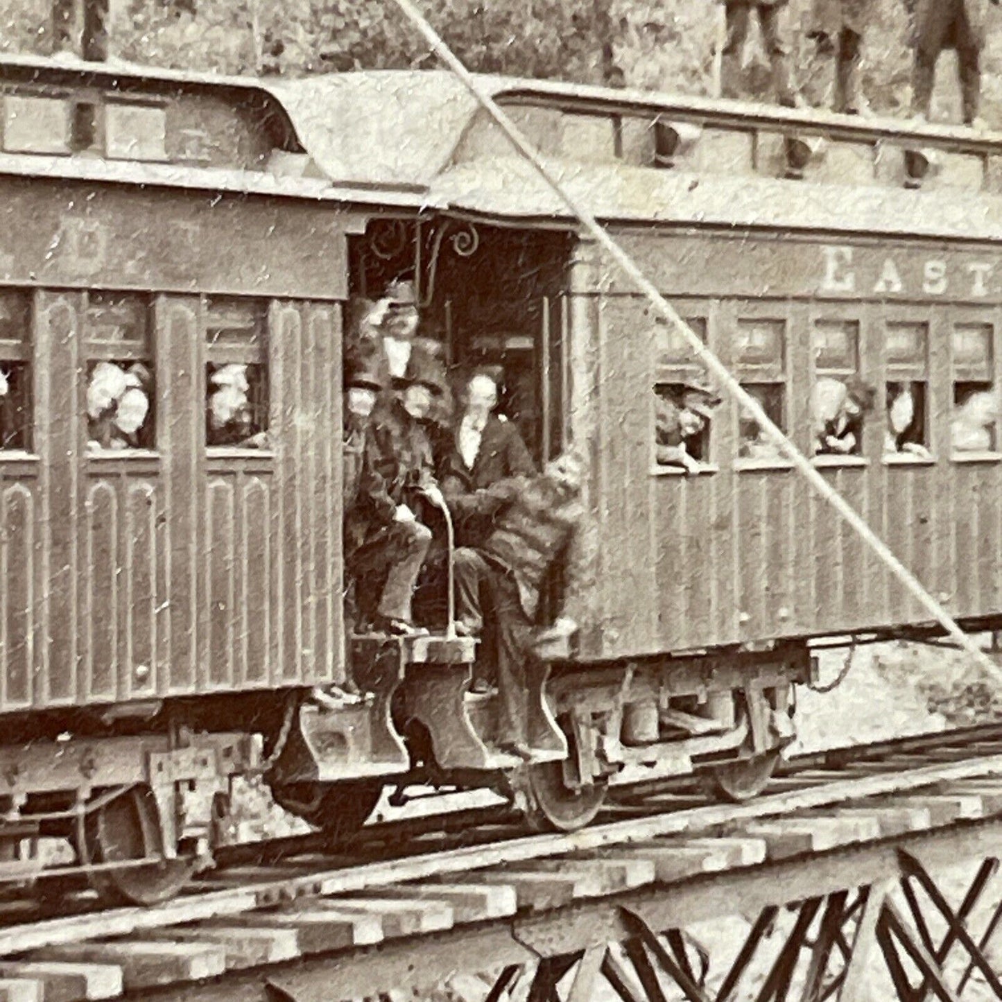 Antique 1870s Men Standing On Train Frankenstein NH Stereoview Photo Card V1839