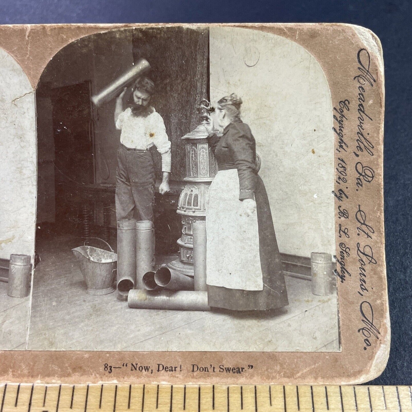 Antique 1892 Man Smashes Stove Pipes Broken Fireplace Stereoview Photo Card 3977