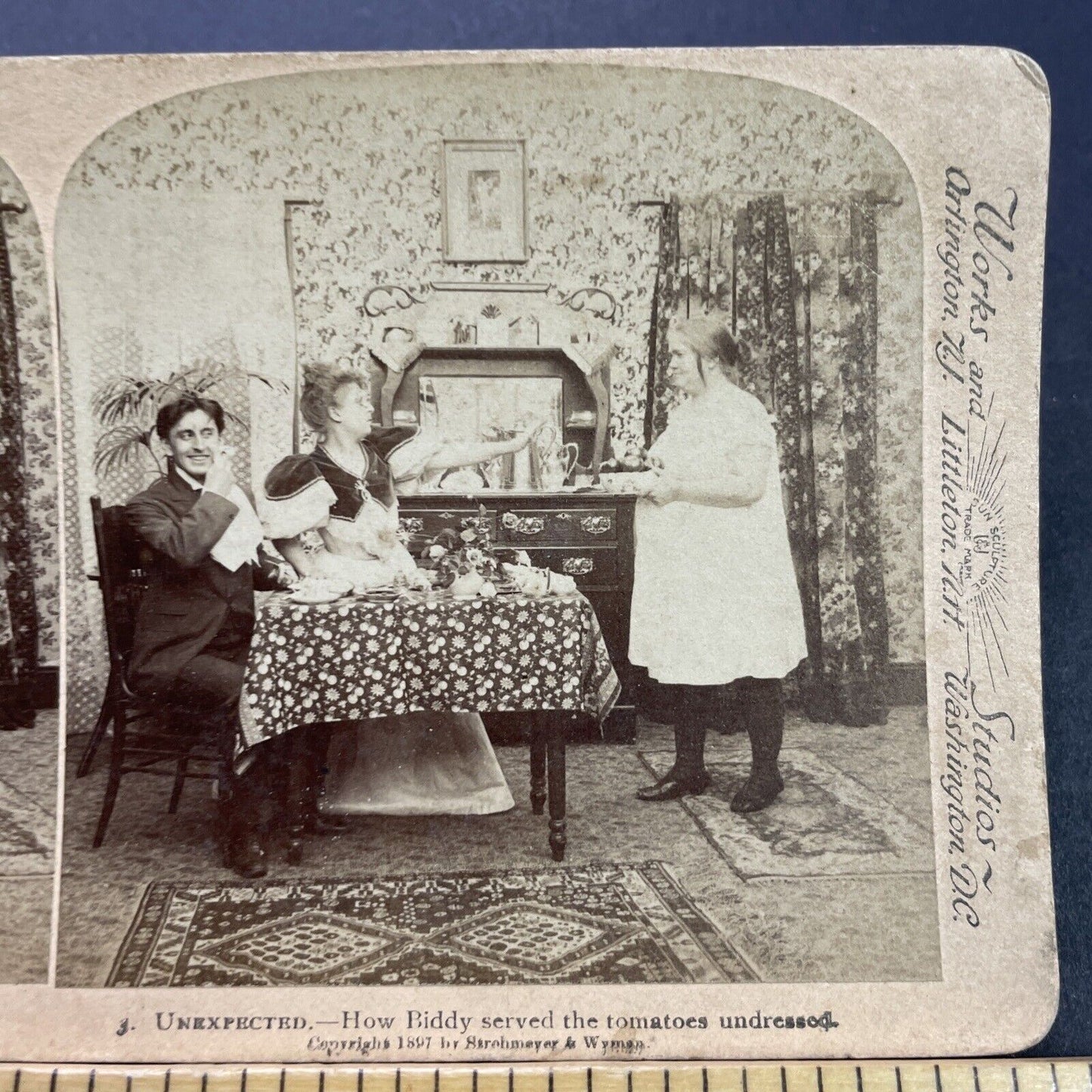 Antique 1897 Woman Serves Potatoes In Underwear Slip Stereoview Photo Card P3558