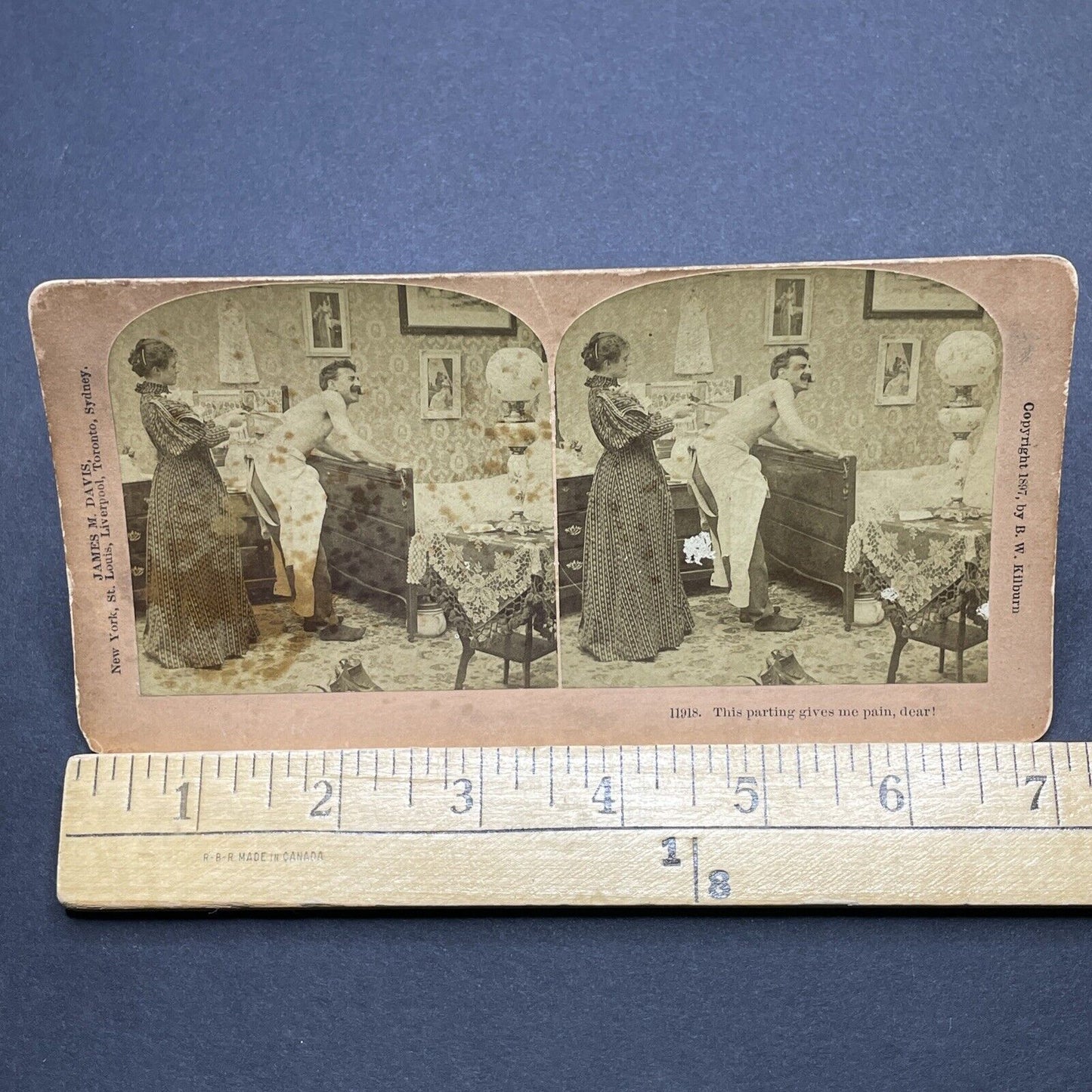 Antique 1897 Woman Waxes Mans Back Hair Stereoview Photo Card P1818