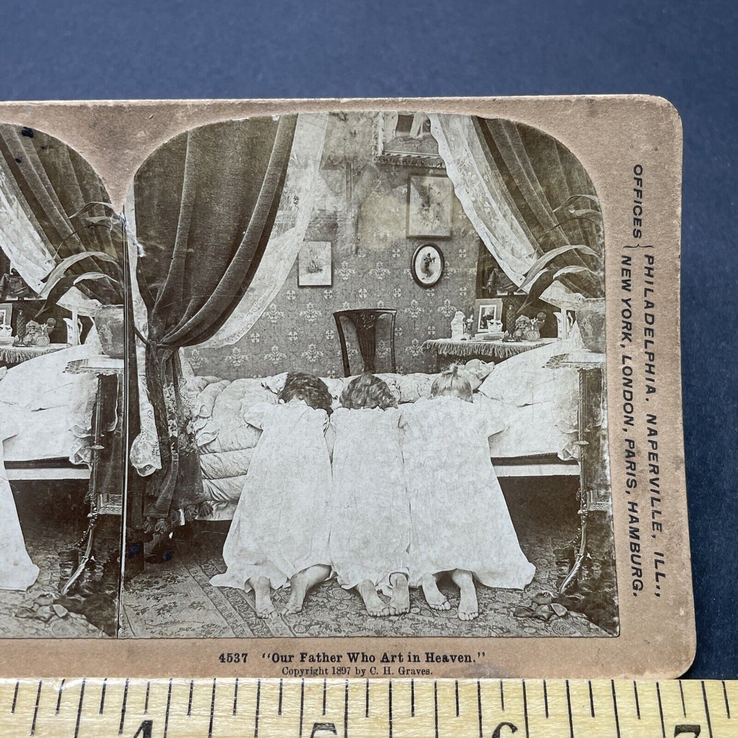 Antique 1897 Sisters Say Bedtime Prayers Stereoview Photo Card P2566