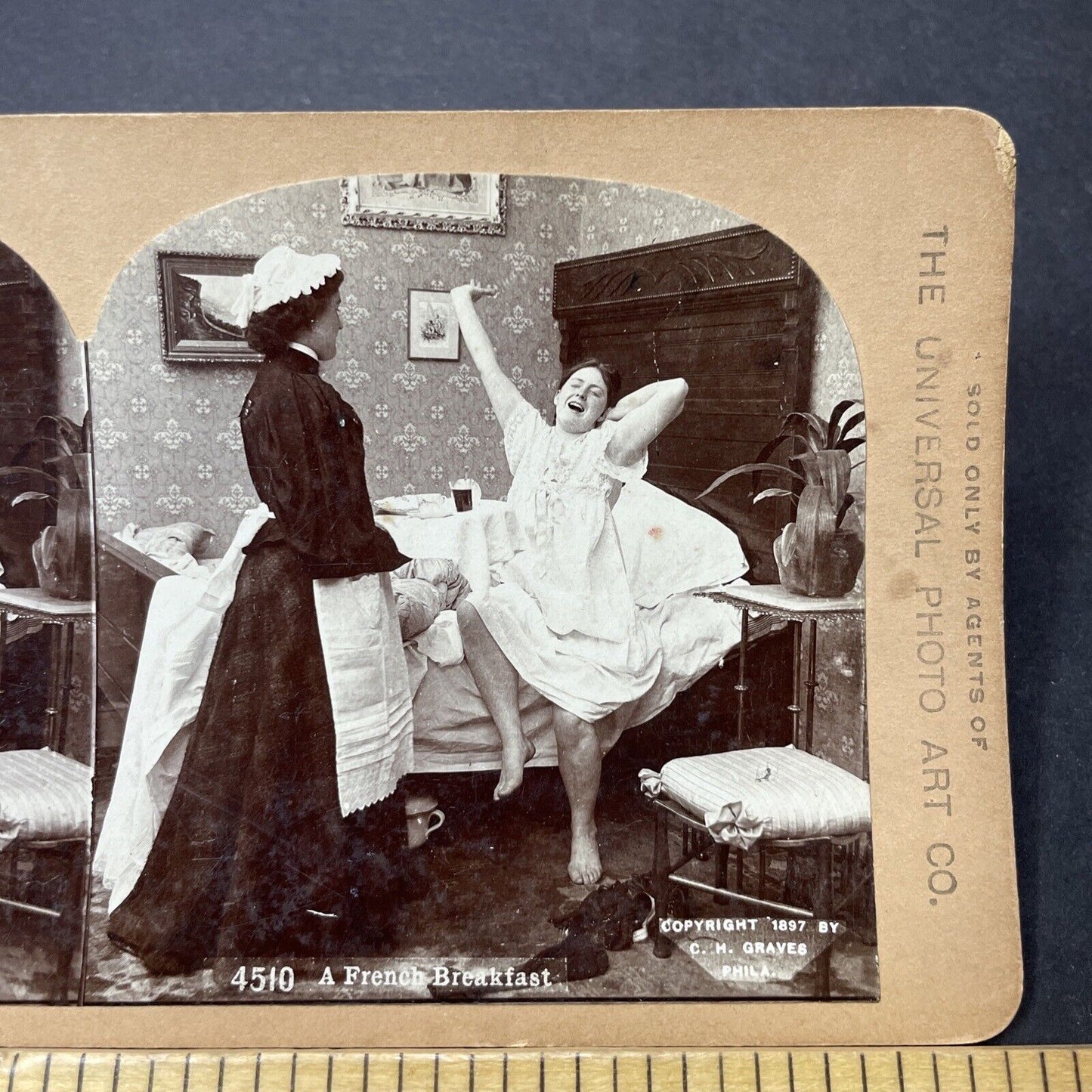 Antique 1897 Woman Waking Up To Breakfast In Bed Stereoview Photo Card P3472