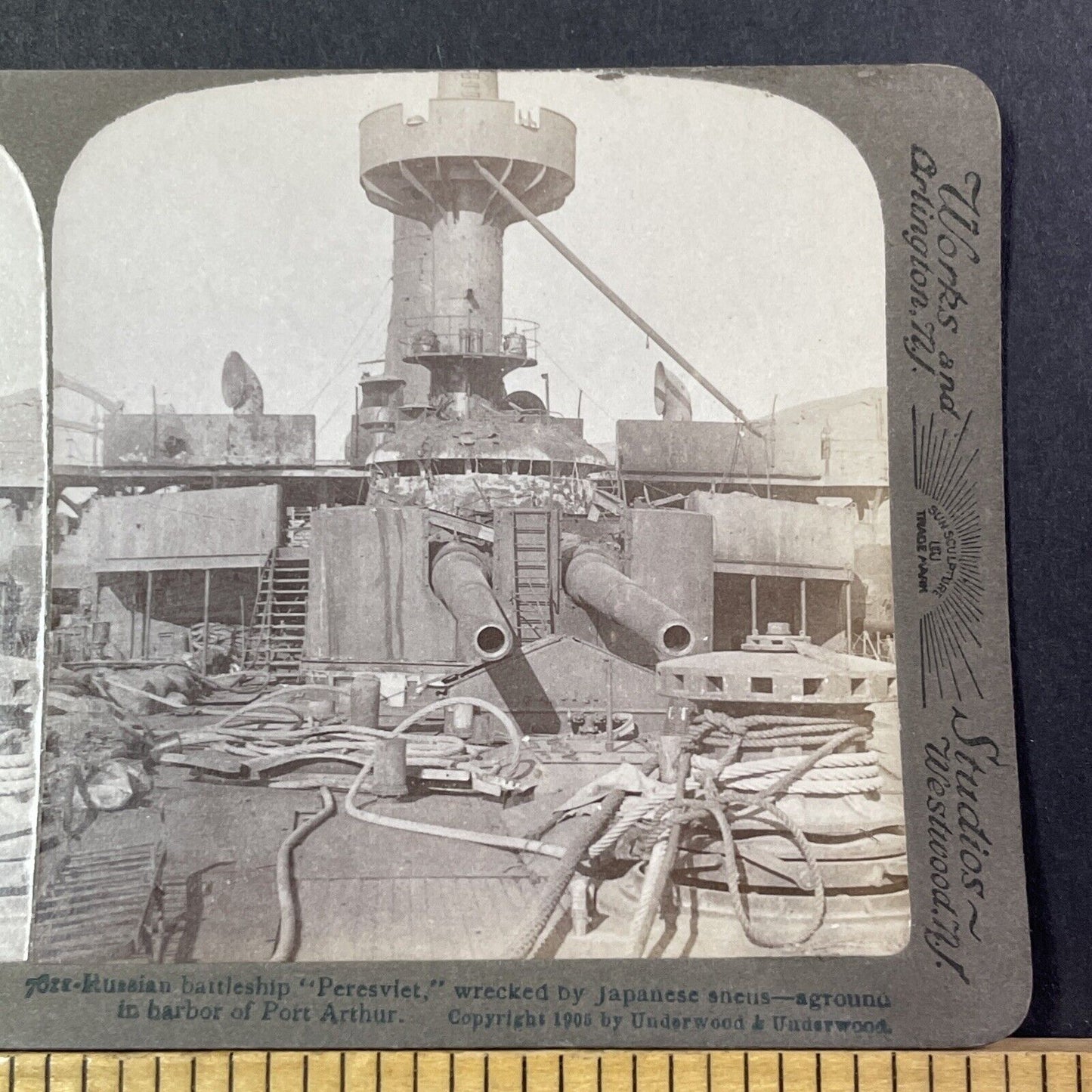 Russian Battleship Peresvet Stereoview Sunk In Dalian China Antique c1905 X2812