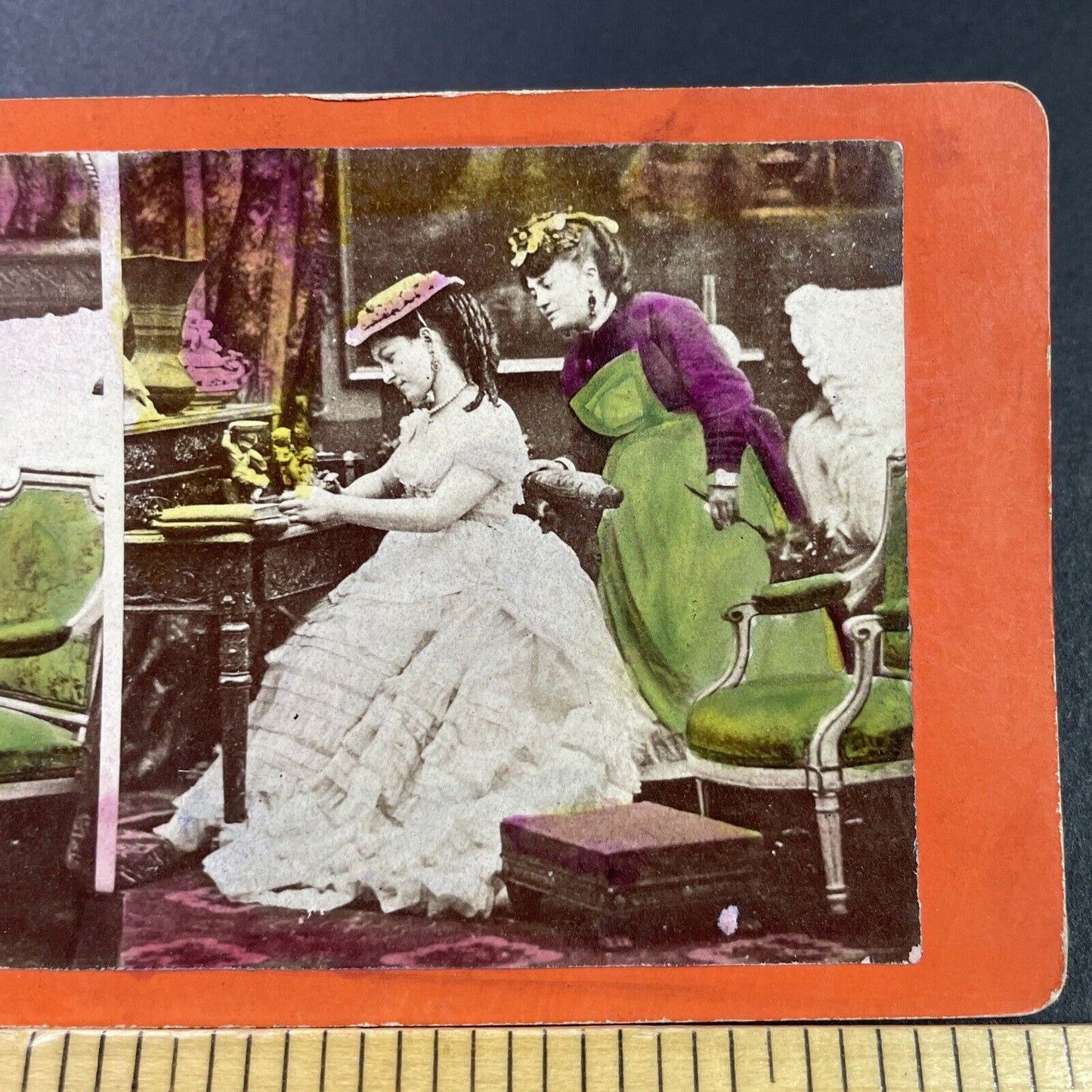 Antique 1860s Women Practice Their Writing Stereoview Photo Card P3985