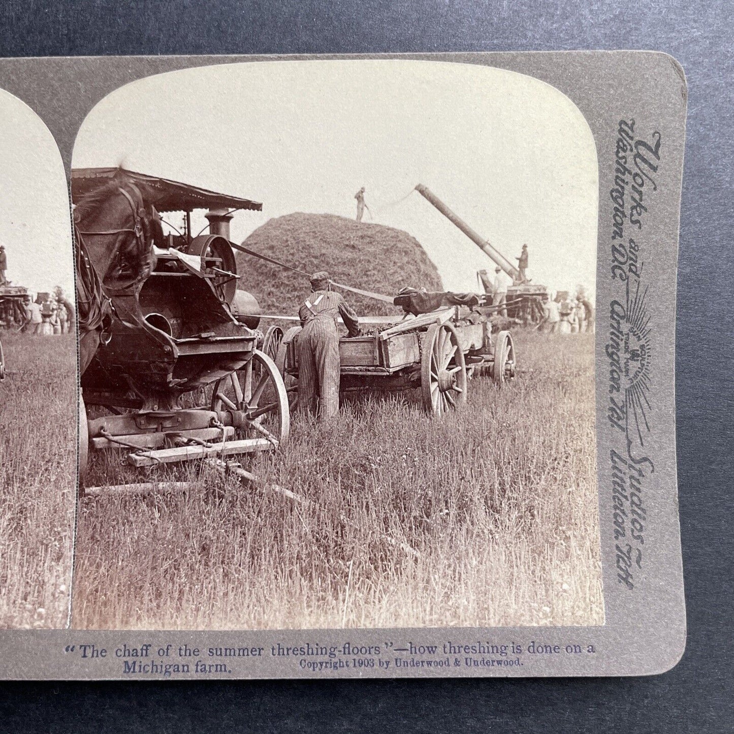 Antique 1903 Farmers Thresh Wheat Michigan USA Stereoview Photo Card P1539