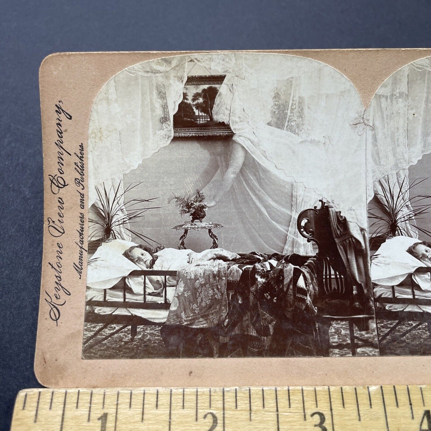 Antique 1898 Angel Watches Over Sick Child Stereoview Photo Card P2813