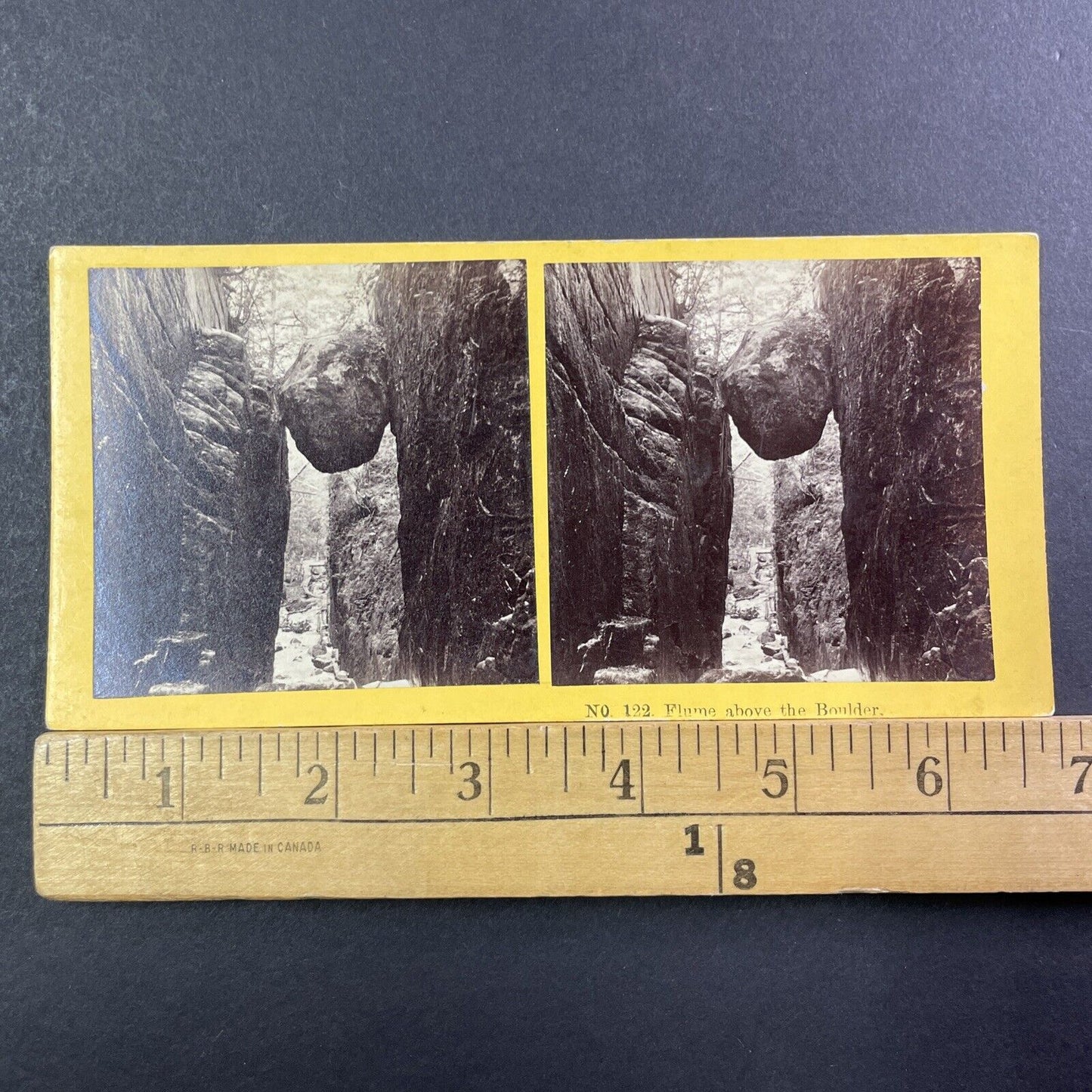 Flume Boulder Franconia Notch NH Stereoview BW Kilburn Photo Antique c1870 X943