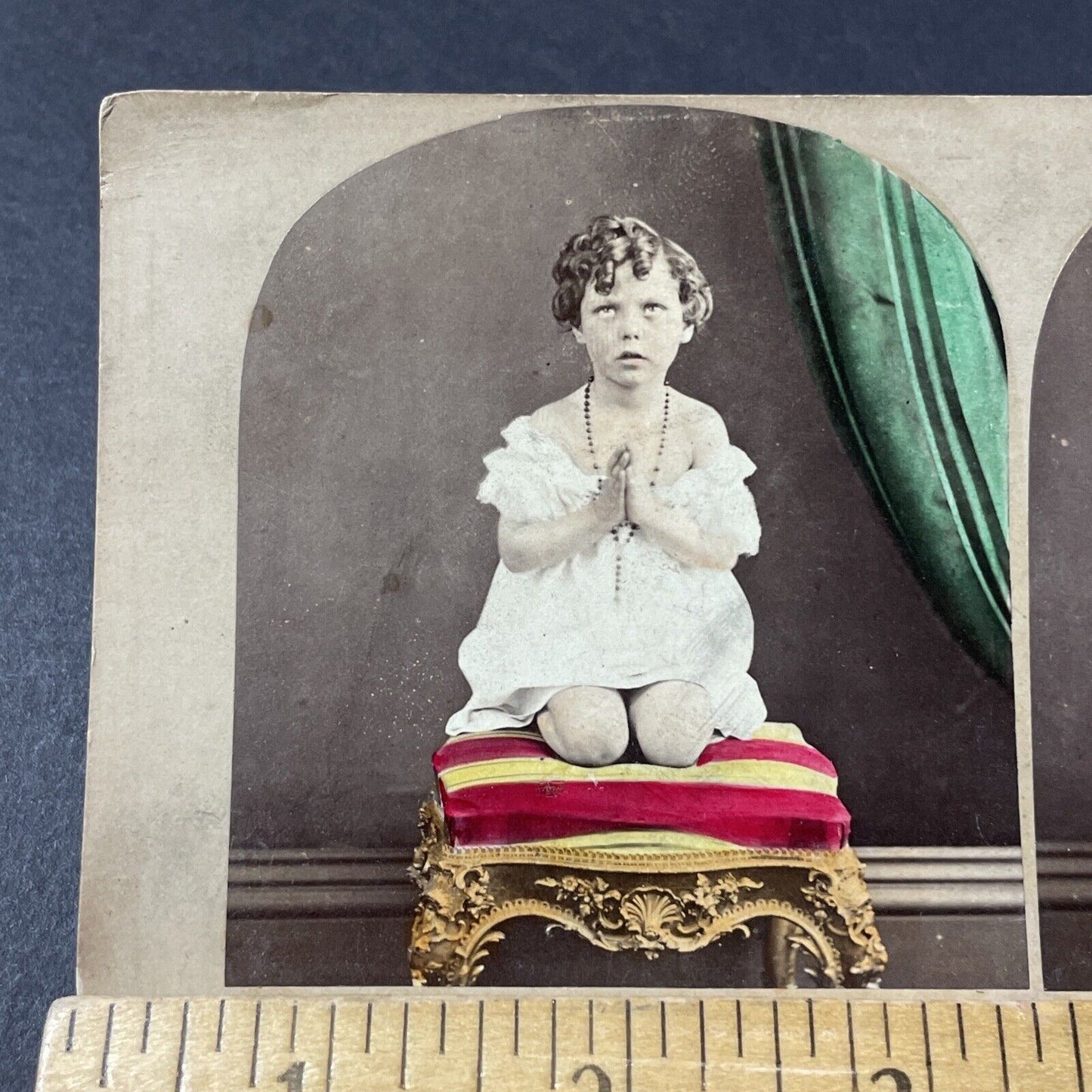 Antique 1870s Catholic Girl Praying To God Stereoview Photo Card P2460-08