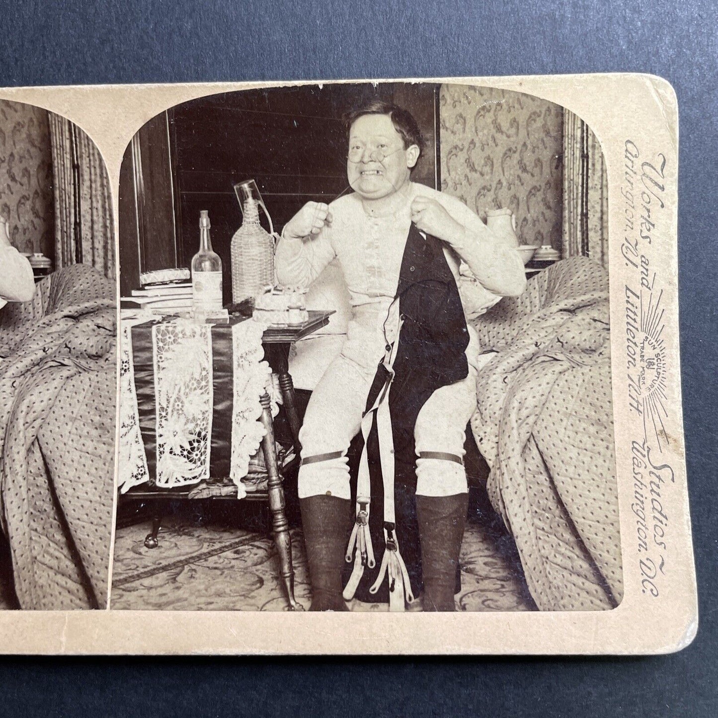 Antique 1897 Drunk Man Flosses Teeth With Pants Stereoview Photo Card P1652