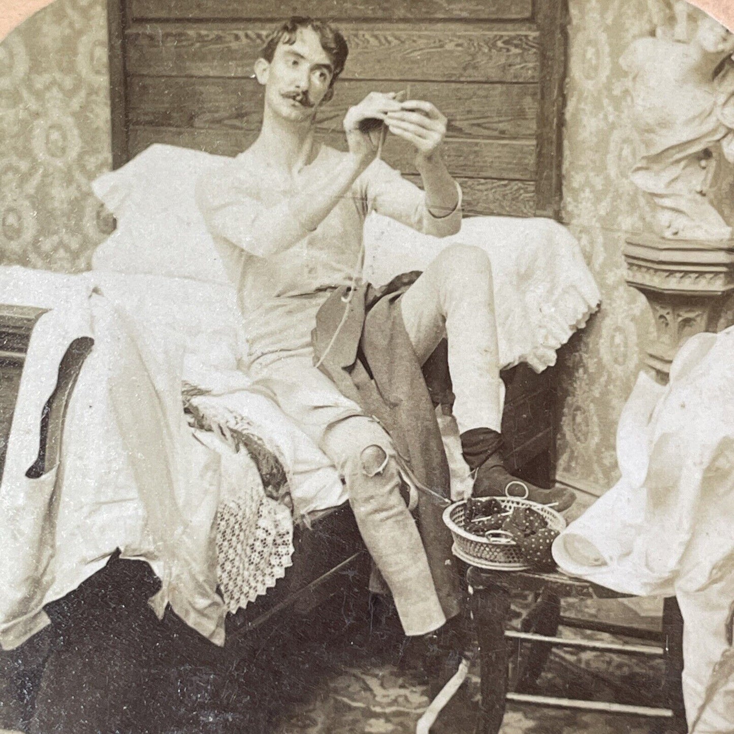 Man Mends His Own Longjohns in Bed Stereoview Antique c1899 Y1807