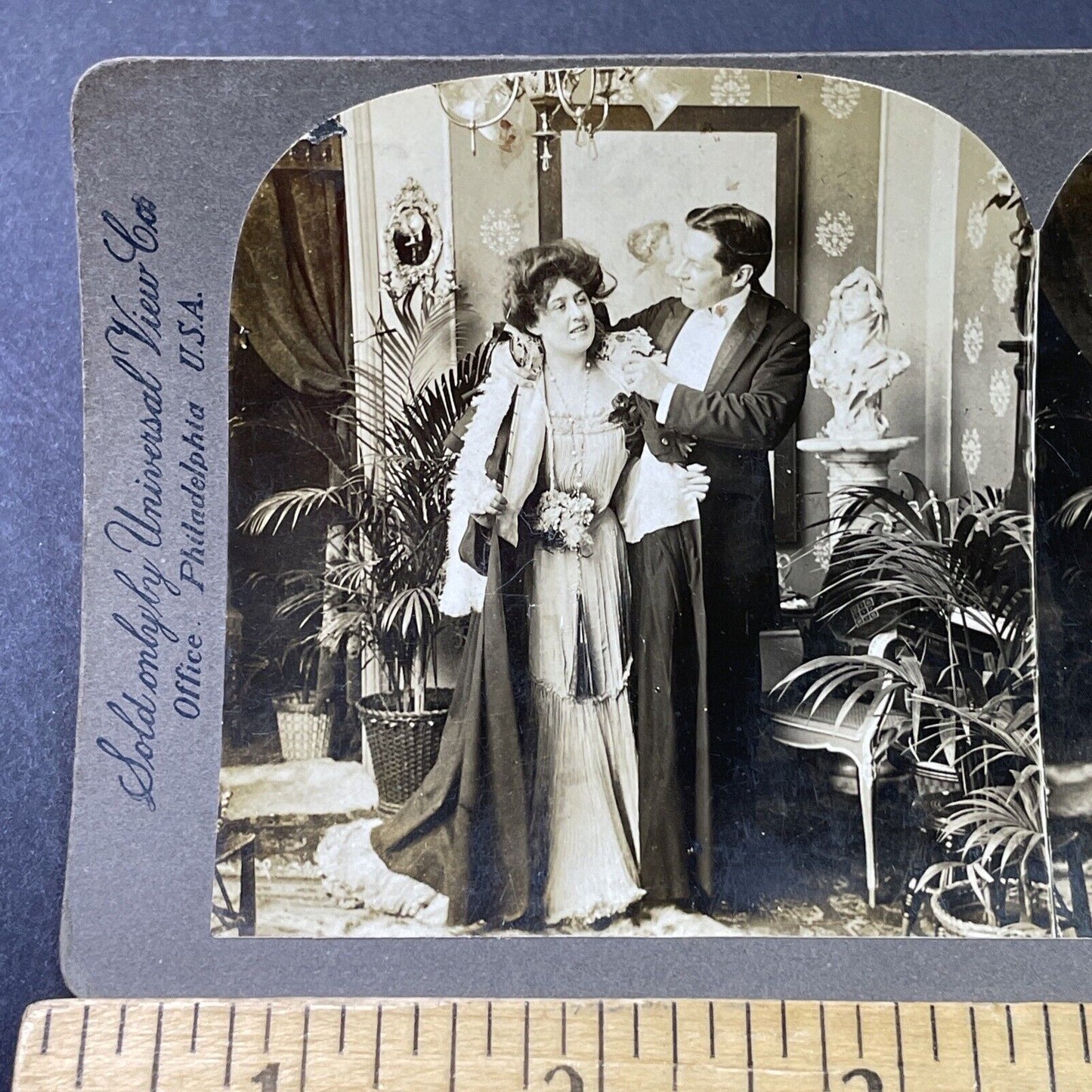 Antique 1902 Man Helps Woman With Coat Stereoview Photo Card P2917