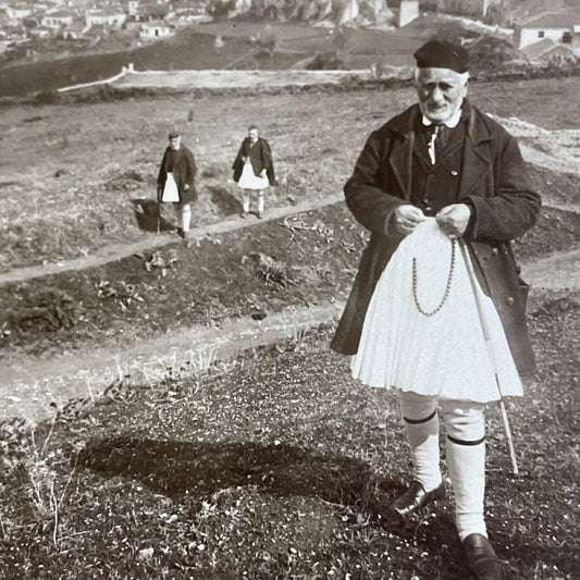 Antique 1907 Man In Traditional Greek Clothing Greece Stereoview Photo Card 4455