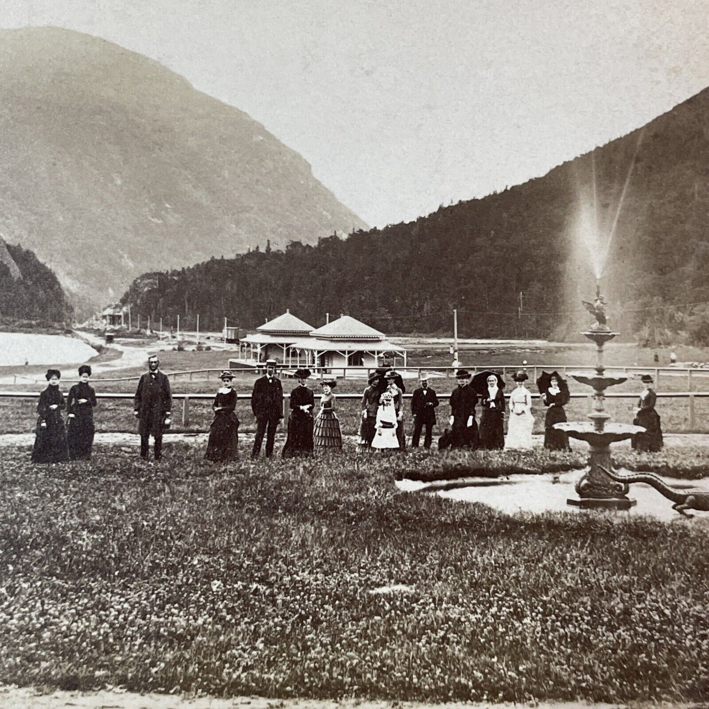 Crawford House Fountain and Mt. Webster Stereoview New Hampshire c1870s Y1880