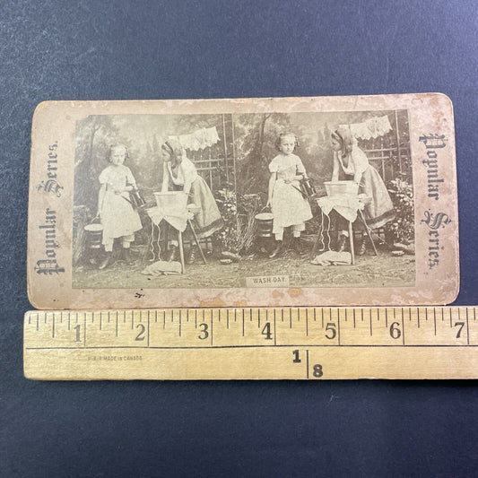 Children Doing Household Chores Stereoview Washing Laundry Antique c1880 X2404