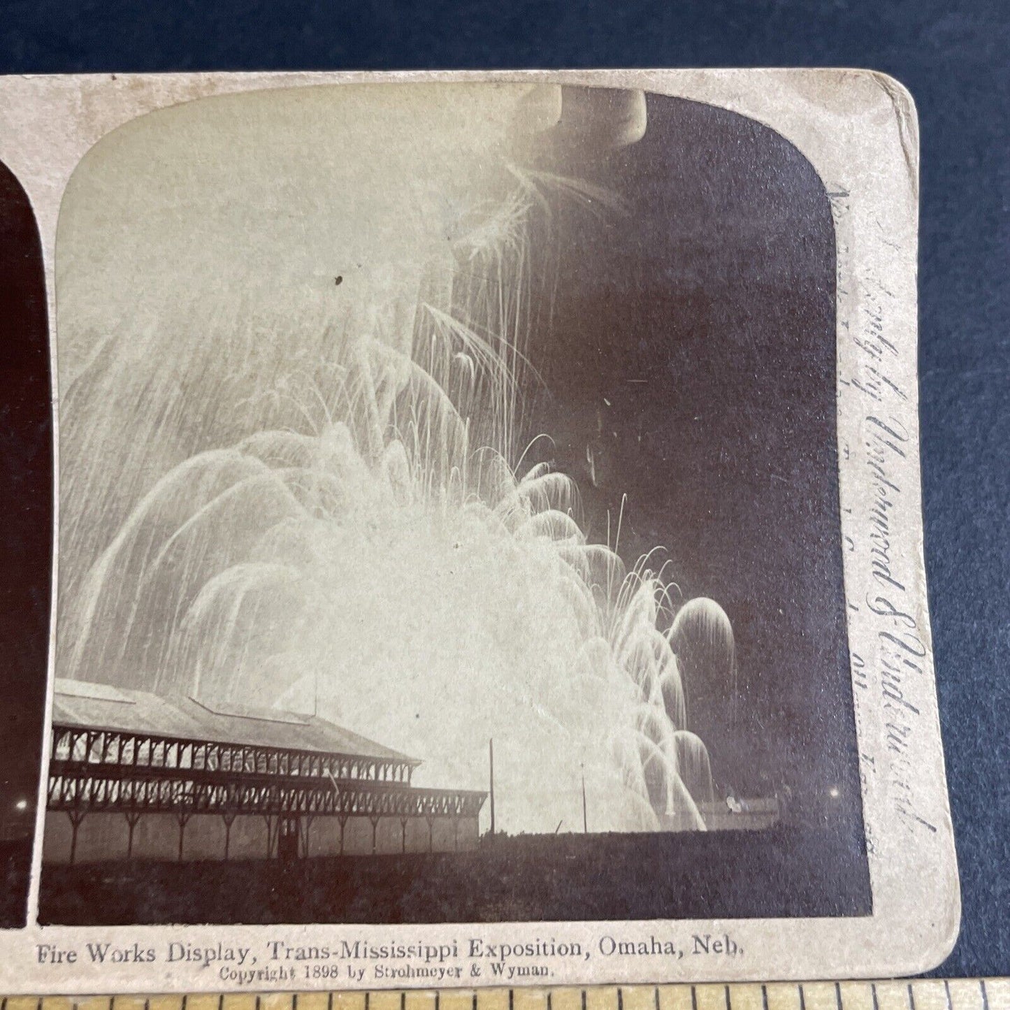 Antique 1898 Fireworks Display Omaha Nebraska Stereoview Photo Card P4320