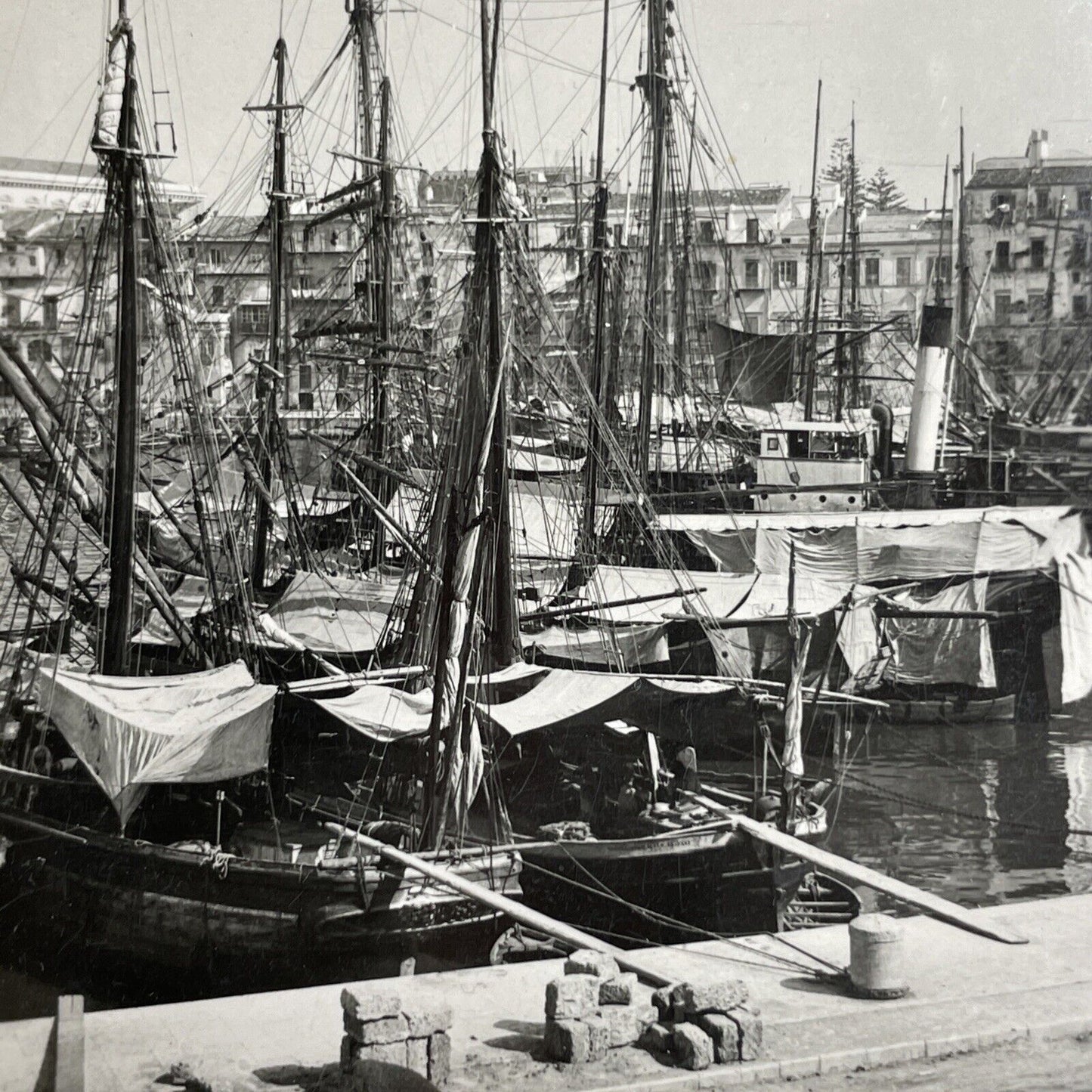 Antique 1899 Shipping & Fishing Port Calabria Italy Stereoview Photo Card P941