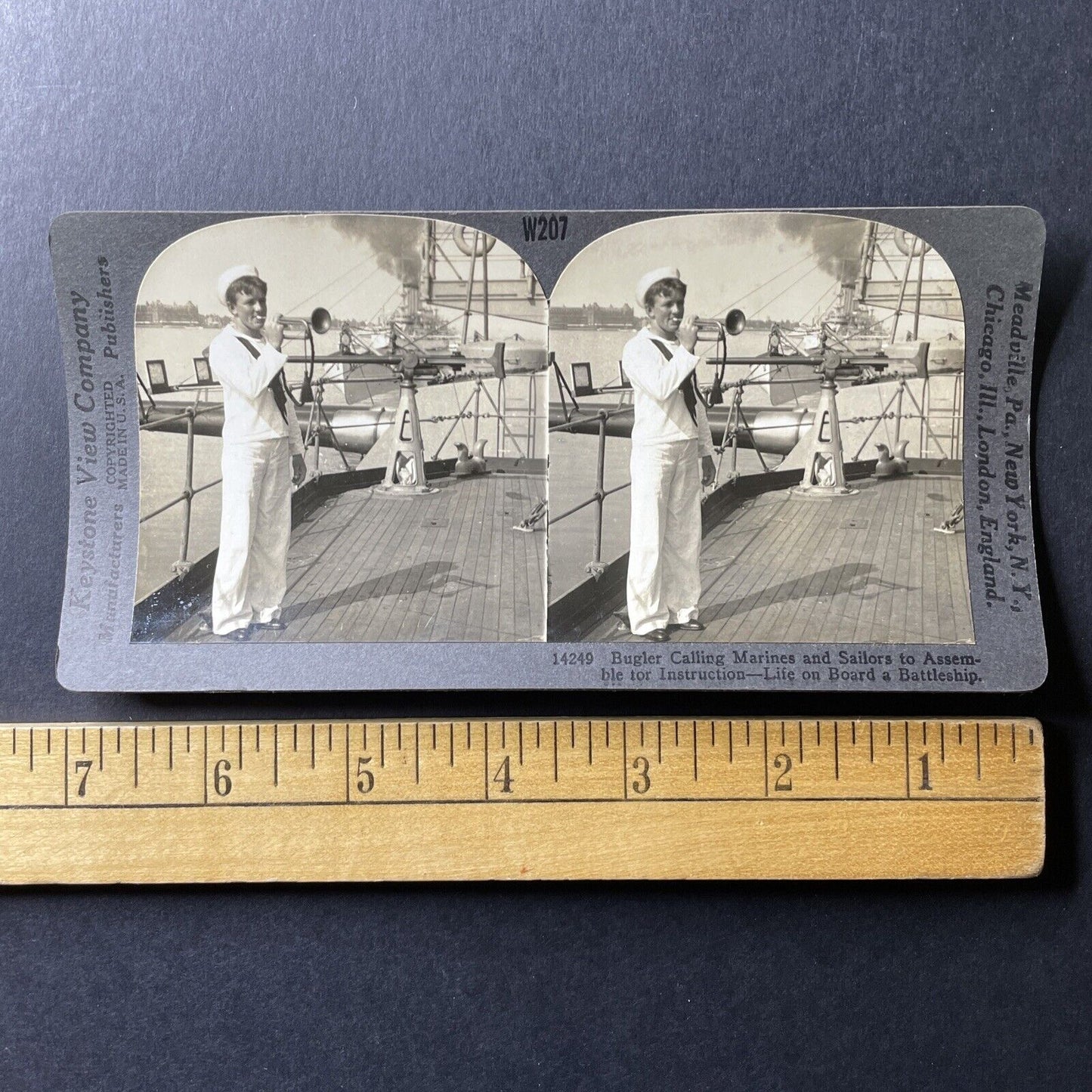 Antique 1909 US Navy Bugler Calls Battleship Seaman Stereoview Photo Card P1012