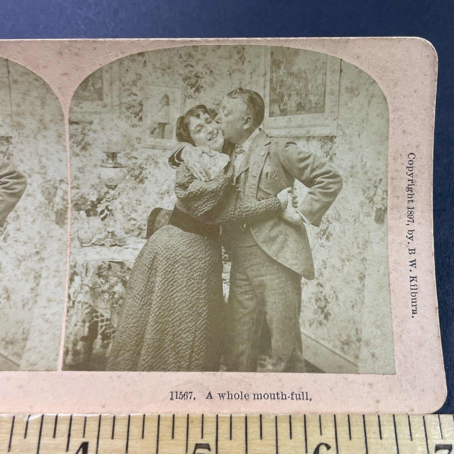 Antique 1897 Man Happily Kisses Wife In Room Stereoview Photo Card P3963