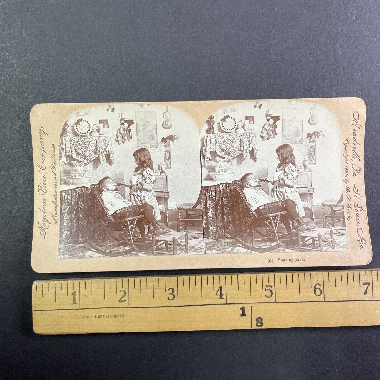 Little Girl Shaving a Little Boy Stereoview B.L. Singley Antique c1895 Y1370