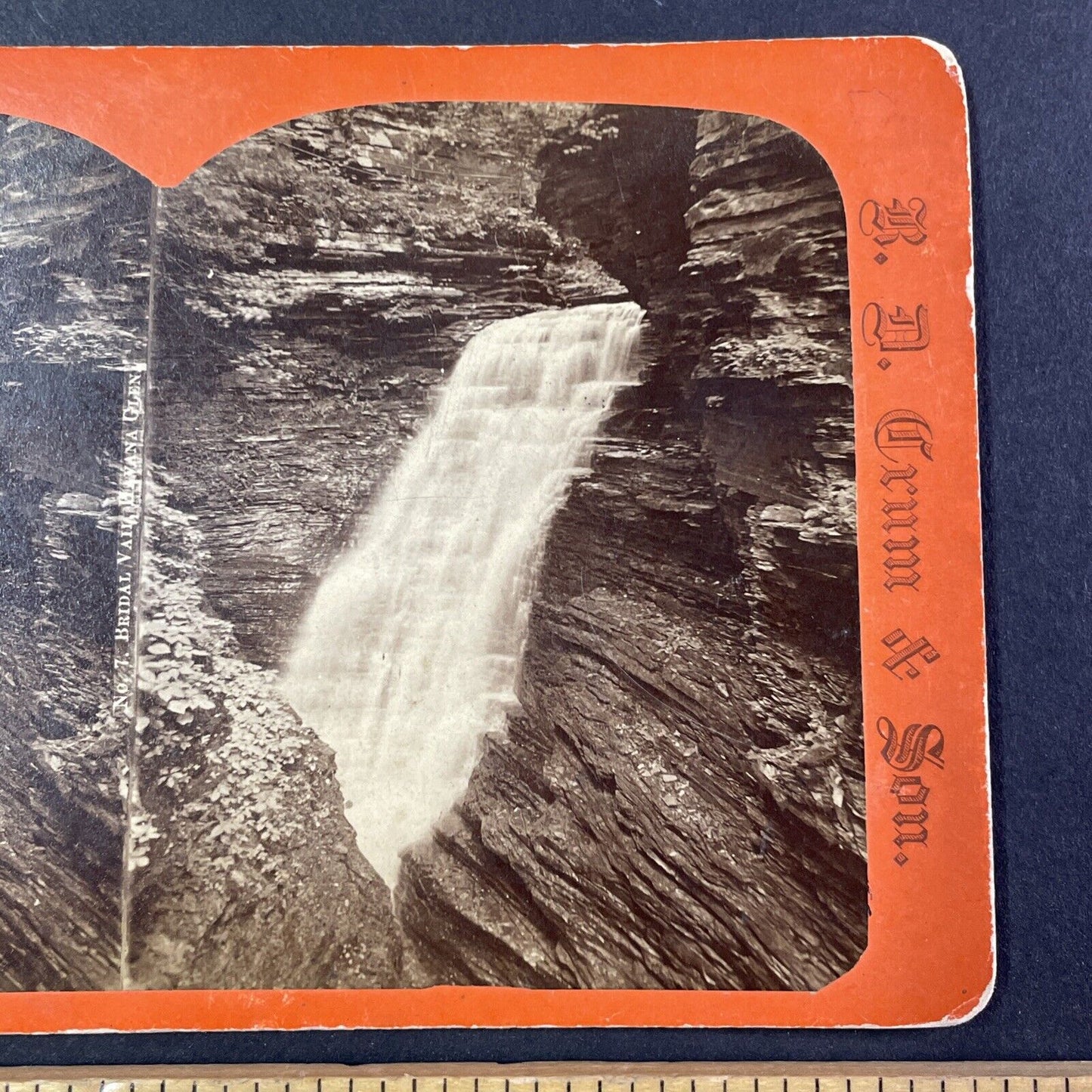 Watkins Glen Bridal Veil Falls New York Stereoview R.D Crum Antique c1870s Y1814