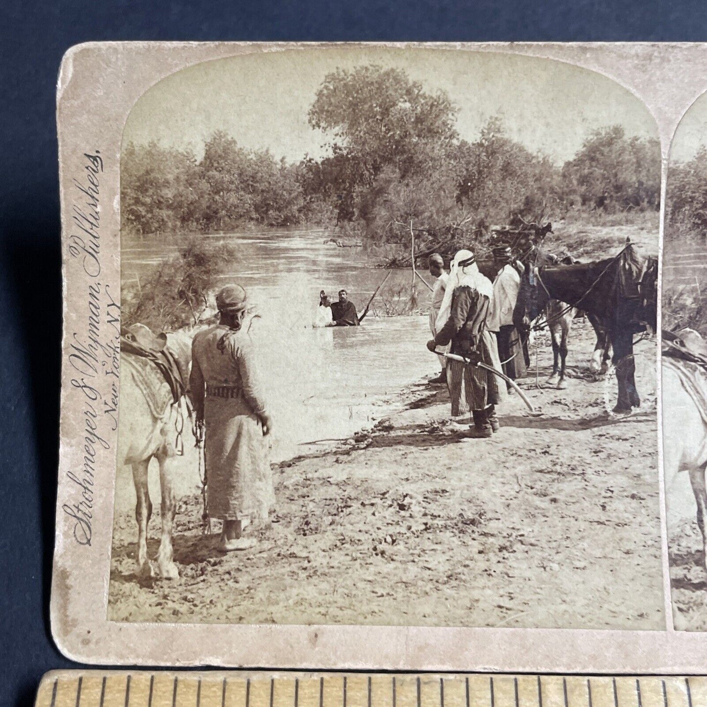 Antique 1896 Baptising Christians In The Jordan River Stereoview Photo Card 4510