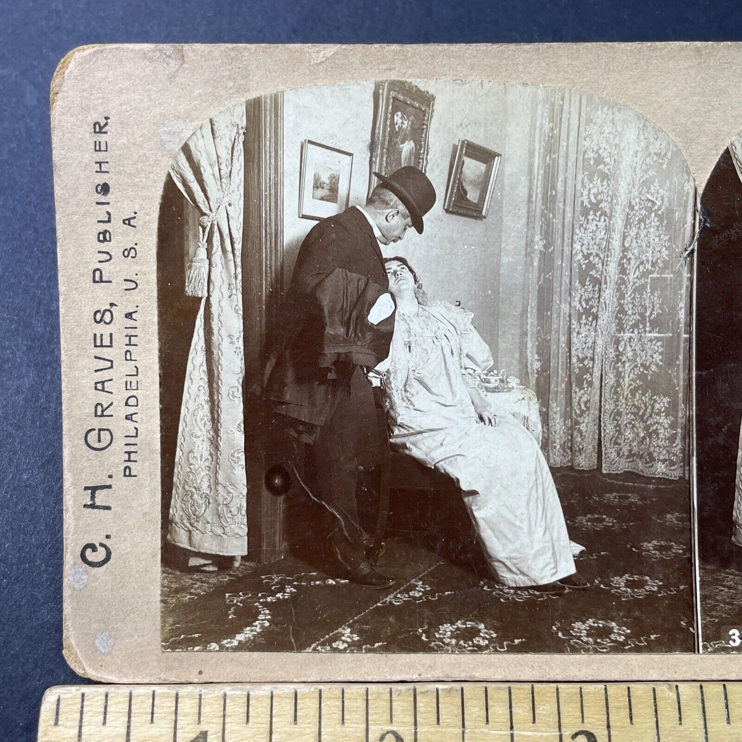 Antique 1897 Business Man Kisses Wife Goodbye Stereoview Photo Card P2978