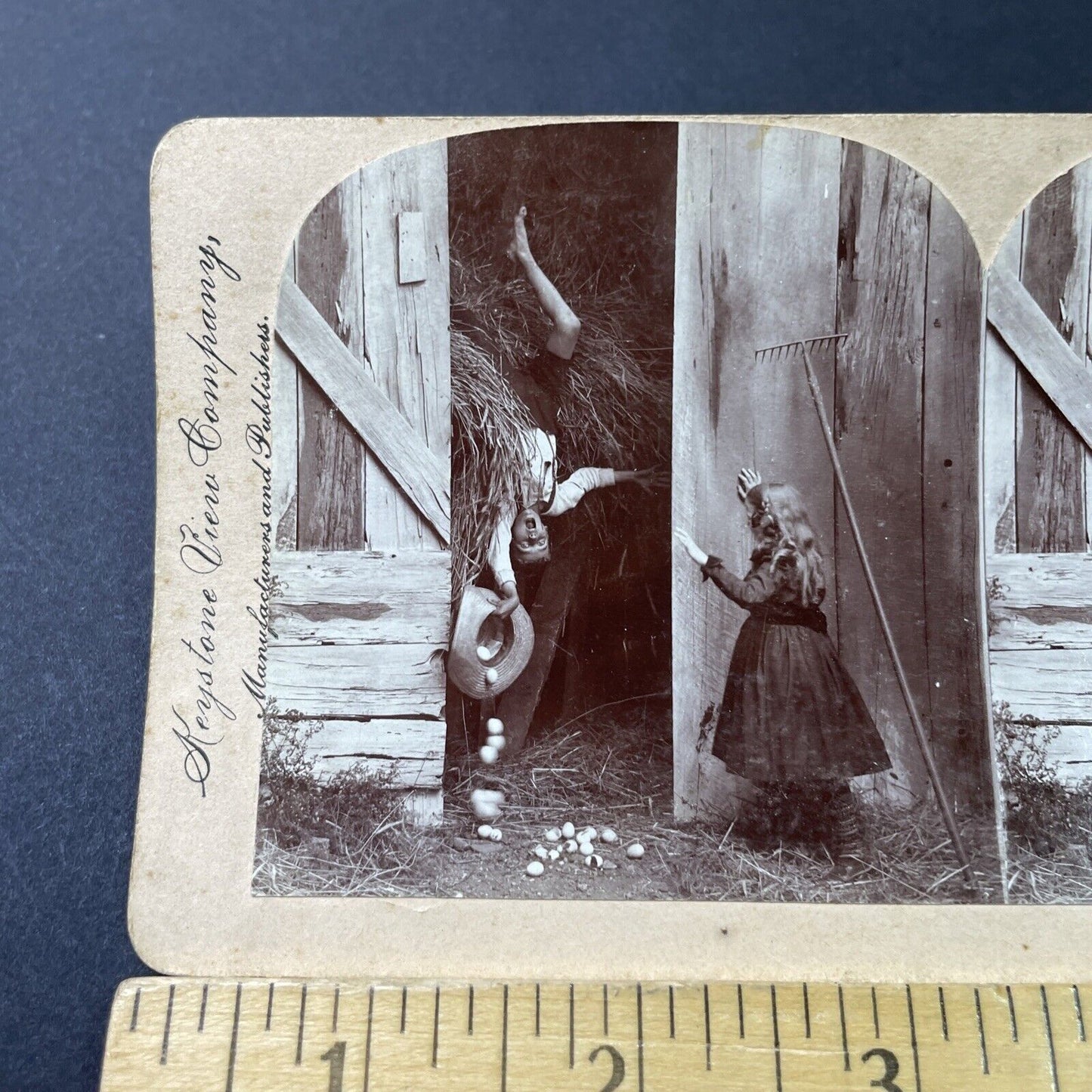 Antique 1900 Boy Falls Out Of Hay Loft Stereoview Photo Card P2839