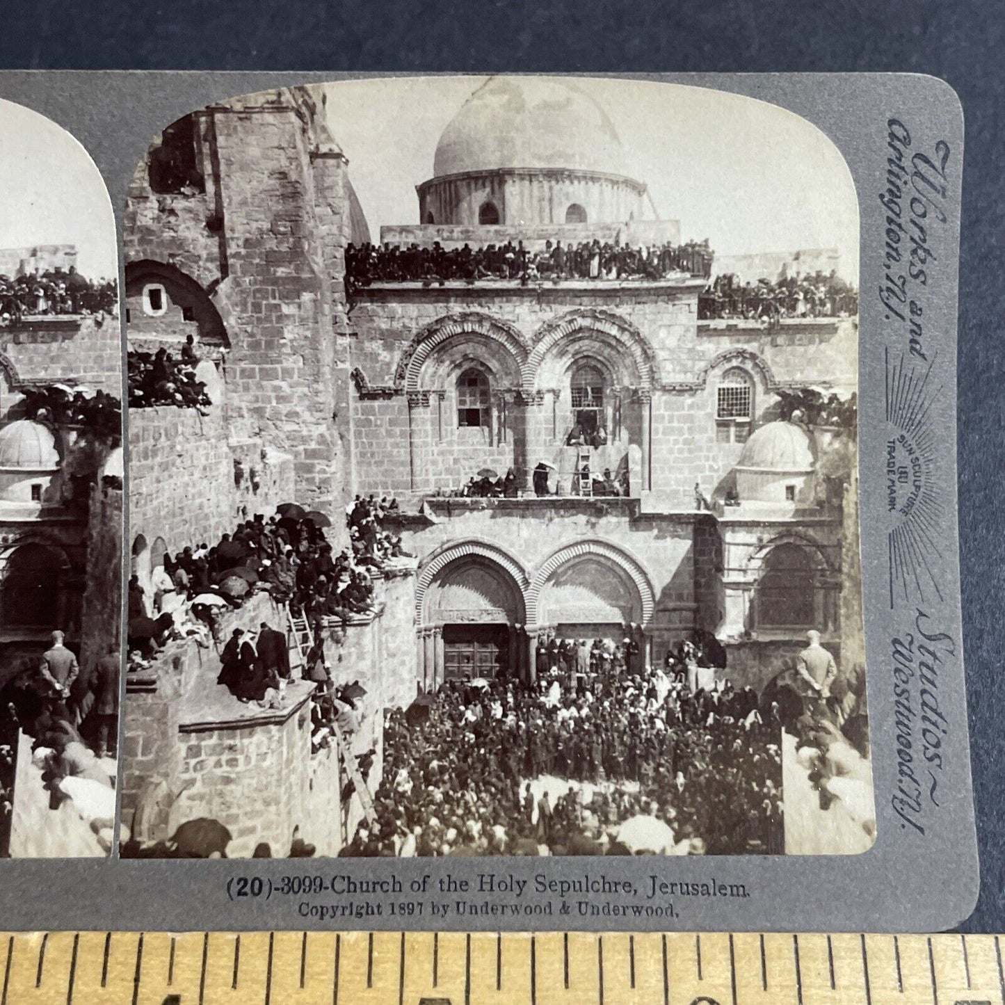 Antique 1897 People Crowding Roof Of Church Jerusalem Stereoview Photo Card 4483