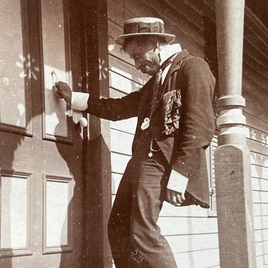 Antique 1890s Drunk Man Can't Open Door Stereoview Photo Card P2626