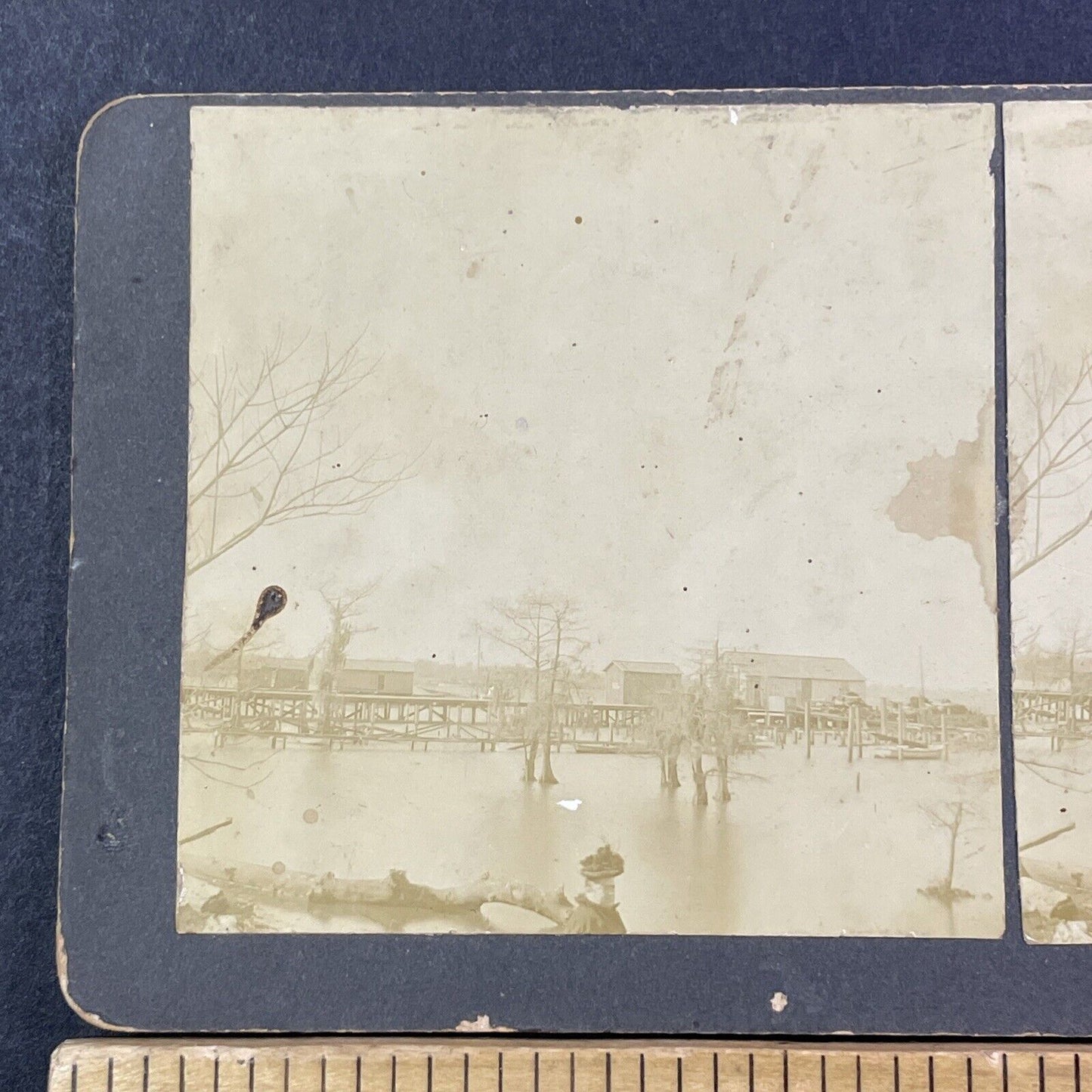 Lake Charles Bayou Boat Launch Dock Stereoview Louisiana Antique c1880s X2733