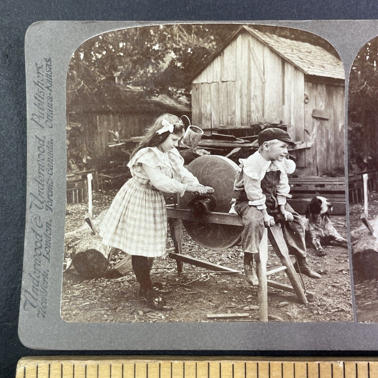 Boy Ruins his Pants on Grinding Wheel Stereoview Antique c1904 Y1352