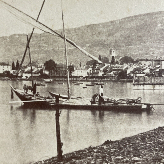 Antique 1870s Aix-les-Bains Port Boats France Stereoview Photo Card P4229