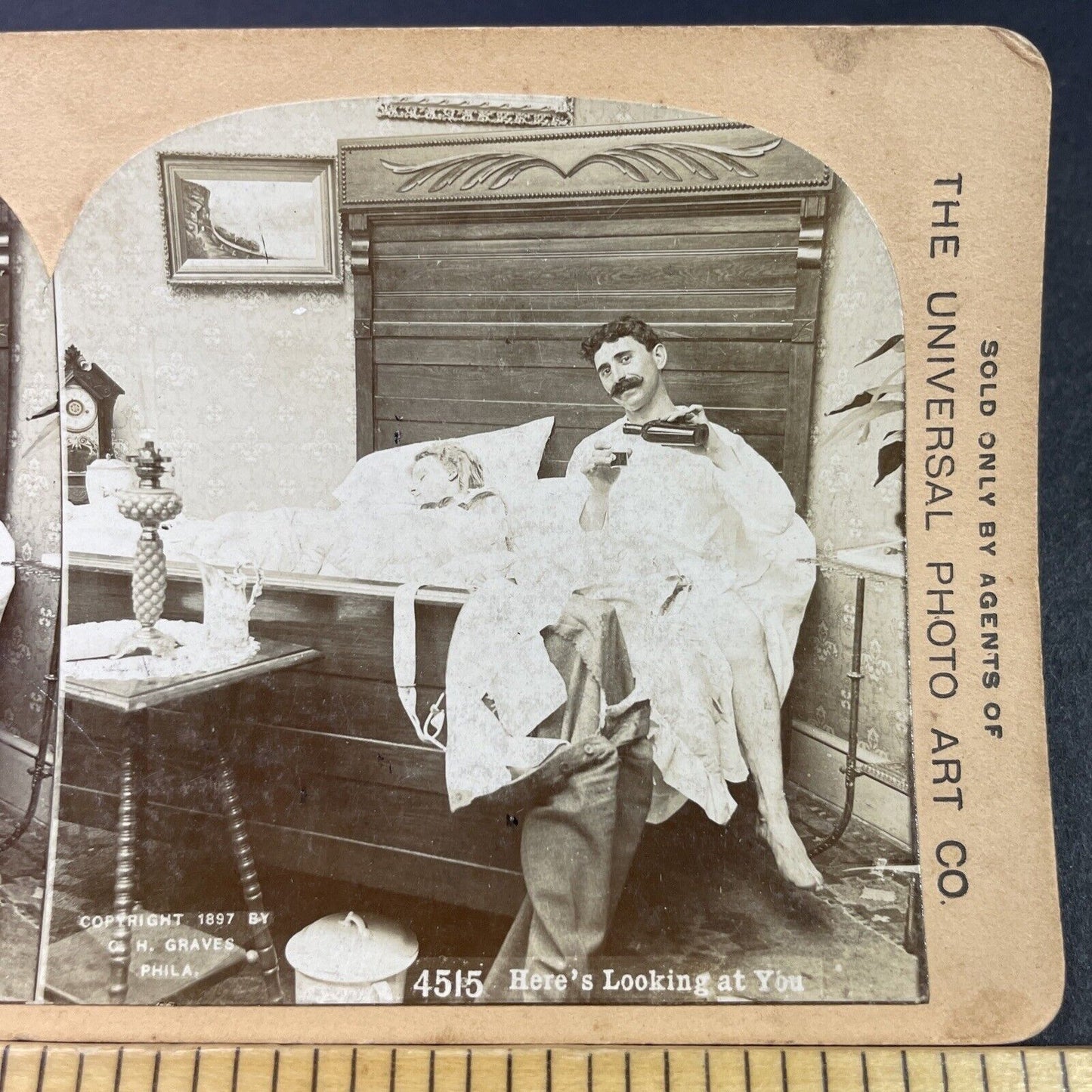 Antique 1897 Man Gets Drunk While Wife Sleeps Stereoview Photo Card P3346