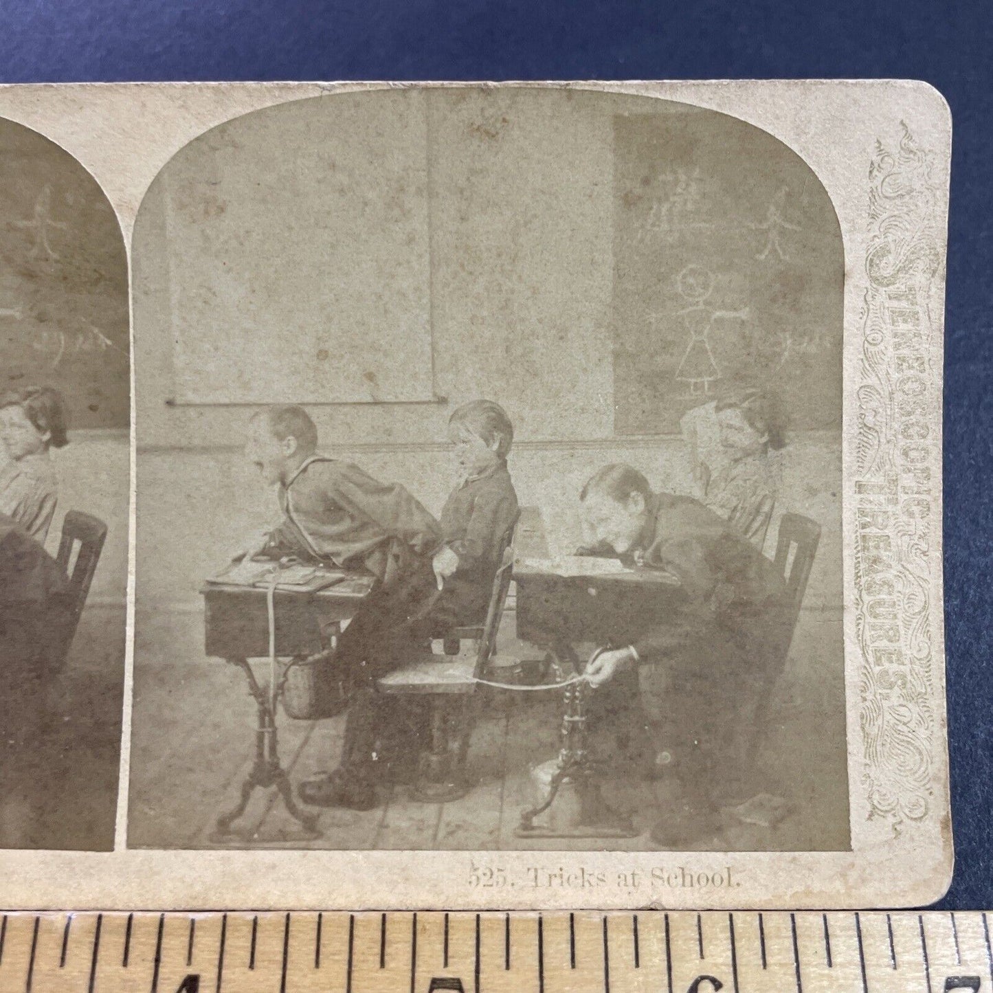 Antique 1870s Boys Put A Tack On Students Chair Stereoview Photo Card P4041