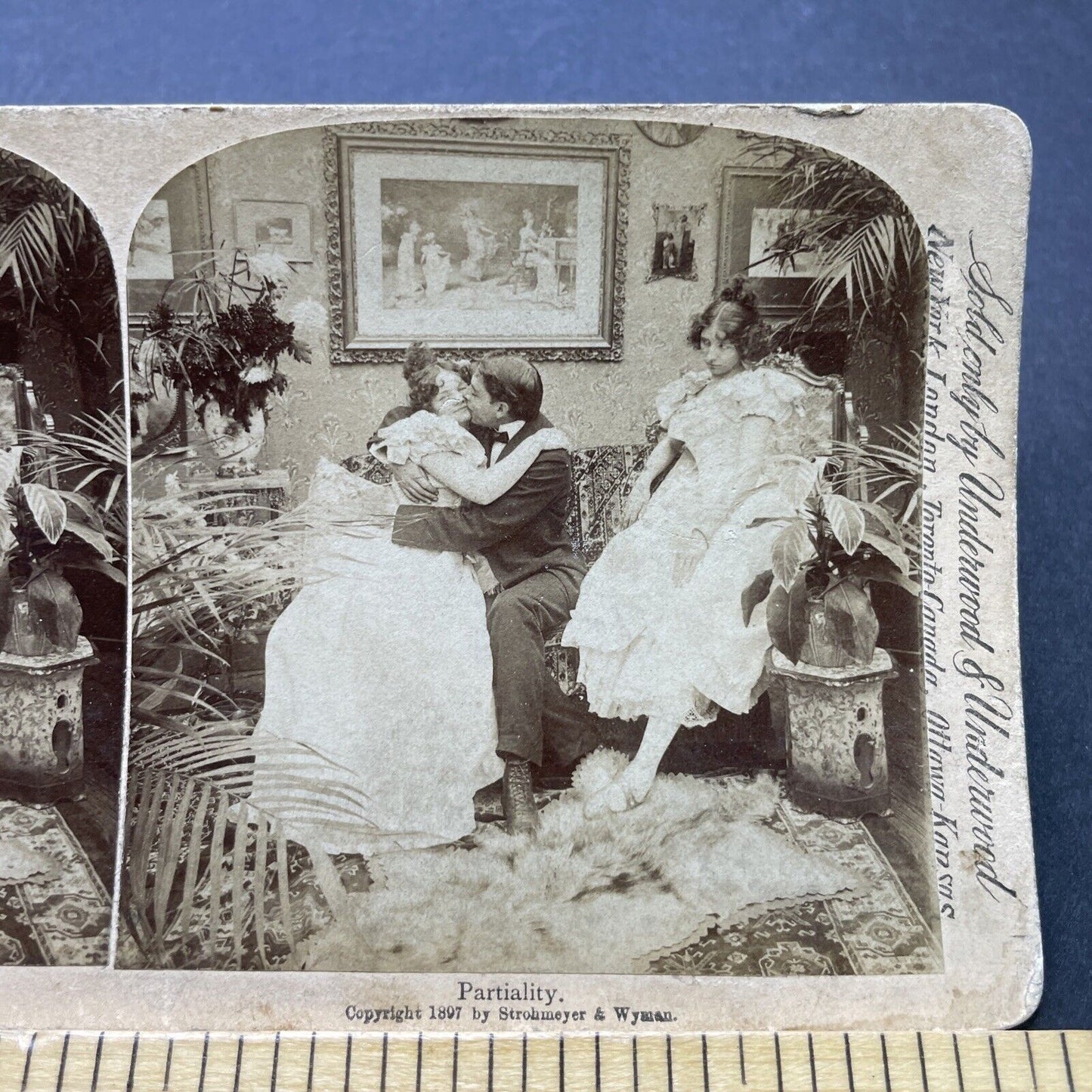 Antique 1897 Jealous Sister Watches Young Lovers Stereoview Photo Card P2518