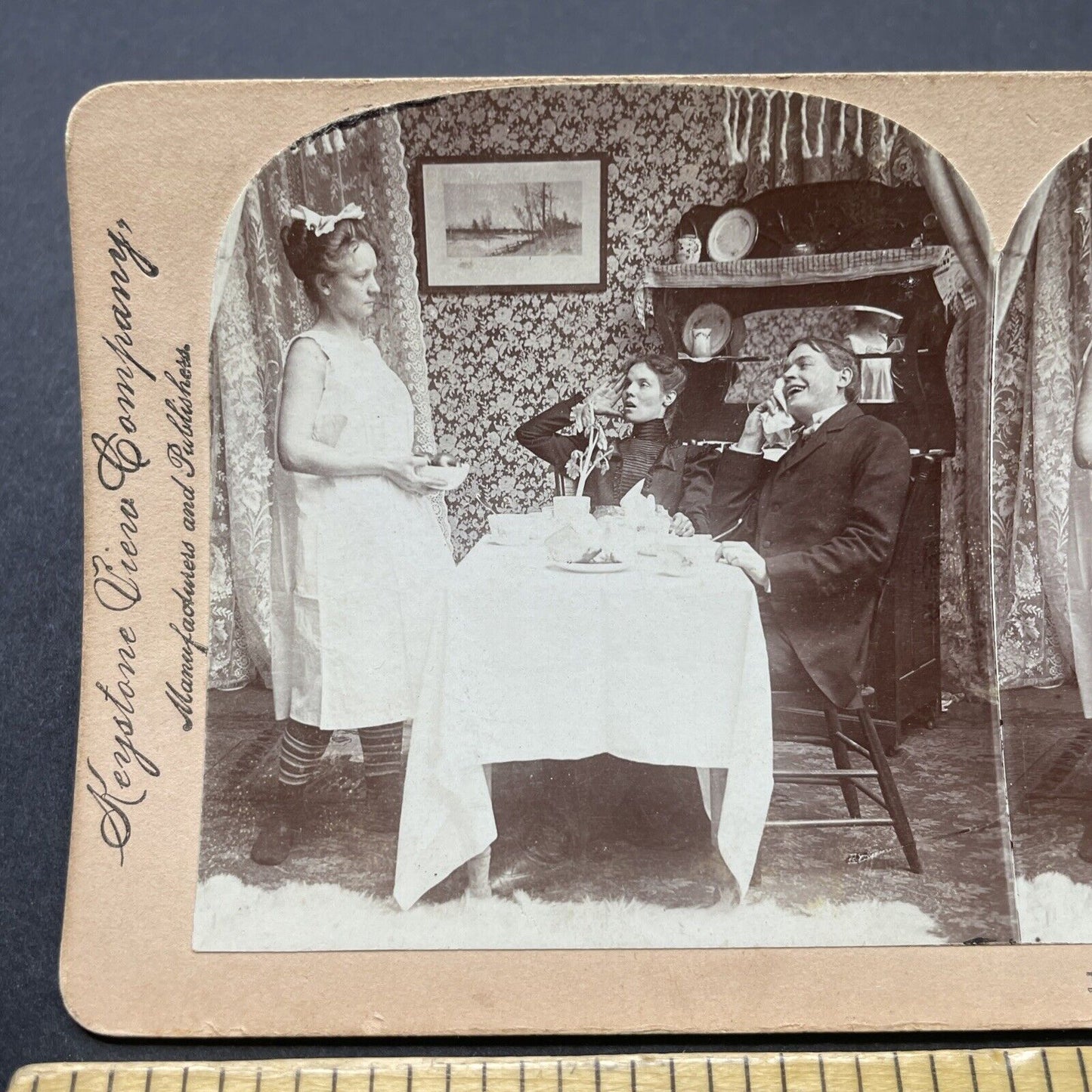 Antique 1899 Maid Serves Dinner In Her Underwear Stereoview Photo Card P2601