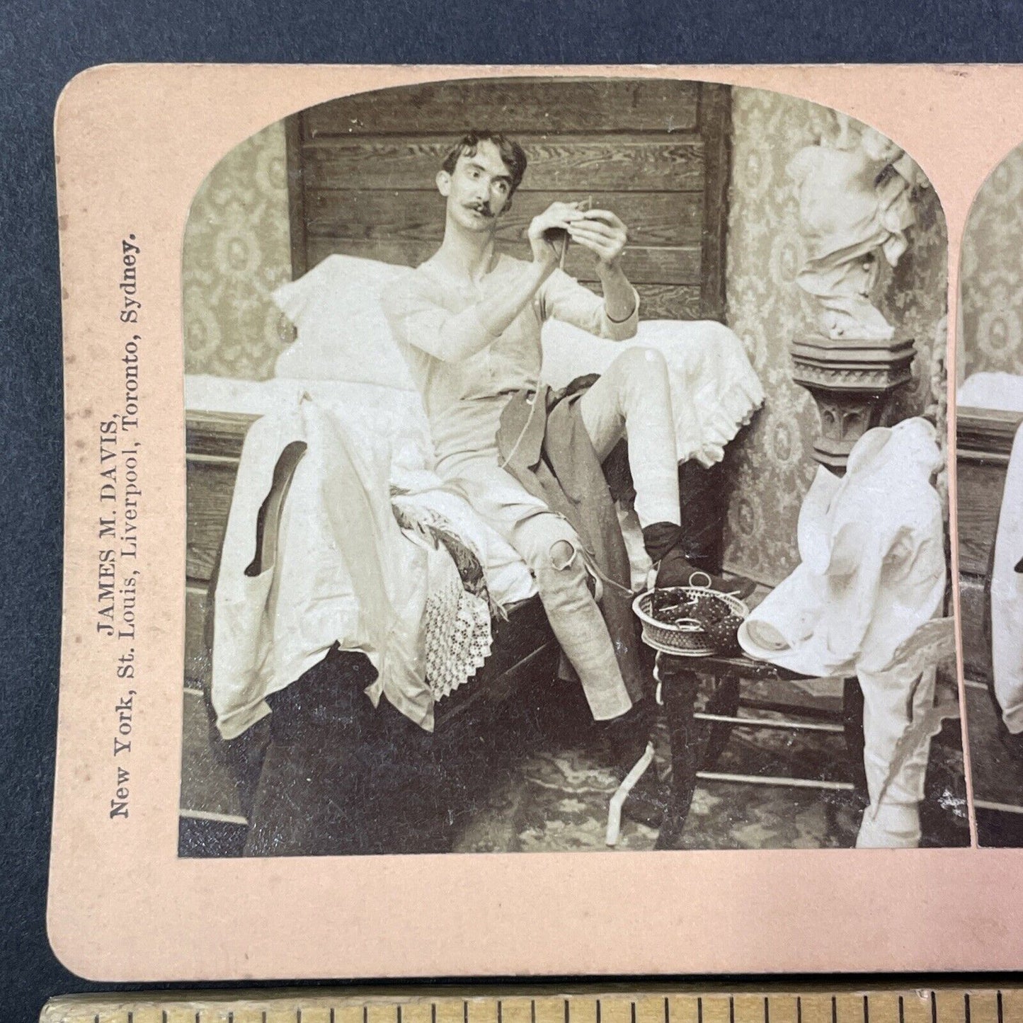 Man Mends His Own Longjohns in Bed Stereoview Antique c1899 Y1807