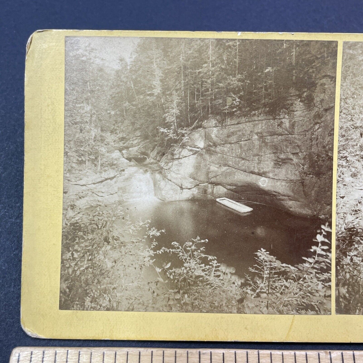 Antique 1870s Raft In The Jumping Pool Franconia NH Stereoview Photo Card V1948