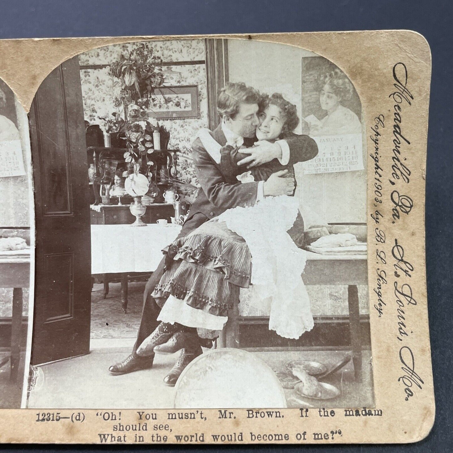 Antique 1903 Man Seduces French Maid In Kitchen Stereoview Photo Card P2622