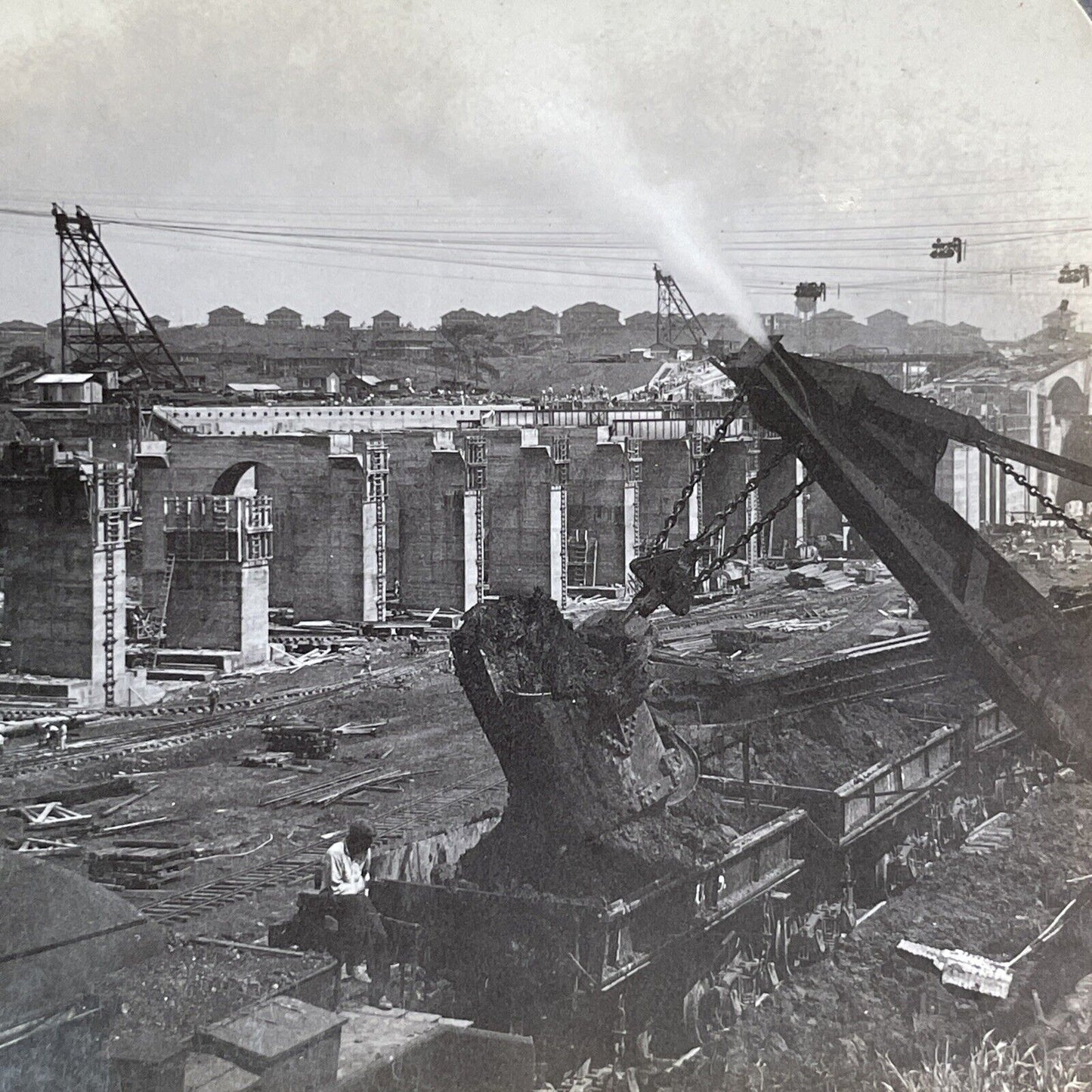 Center Wall Construction in the Panama Canal Stereoview Antique c1913 Y2828