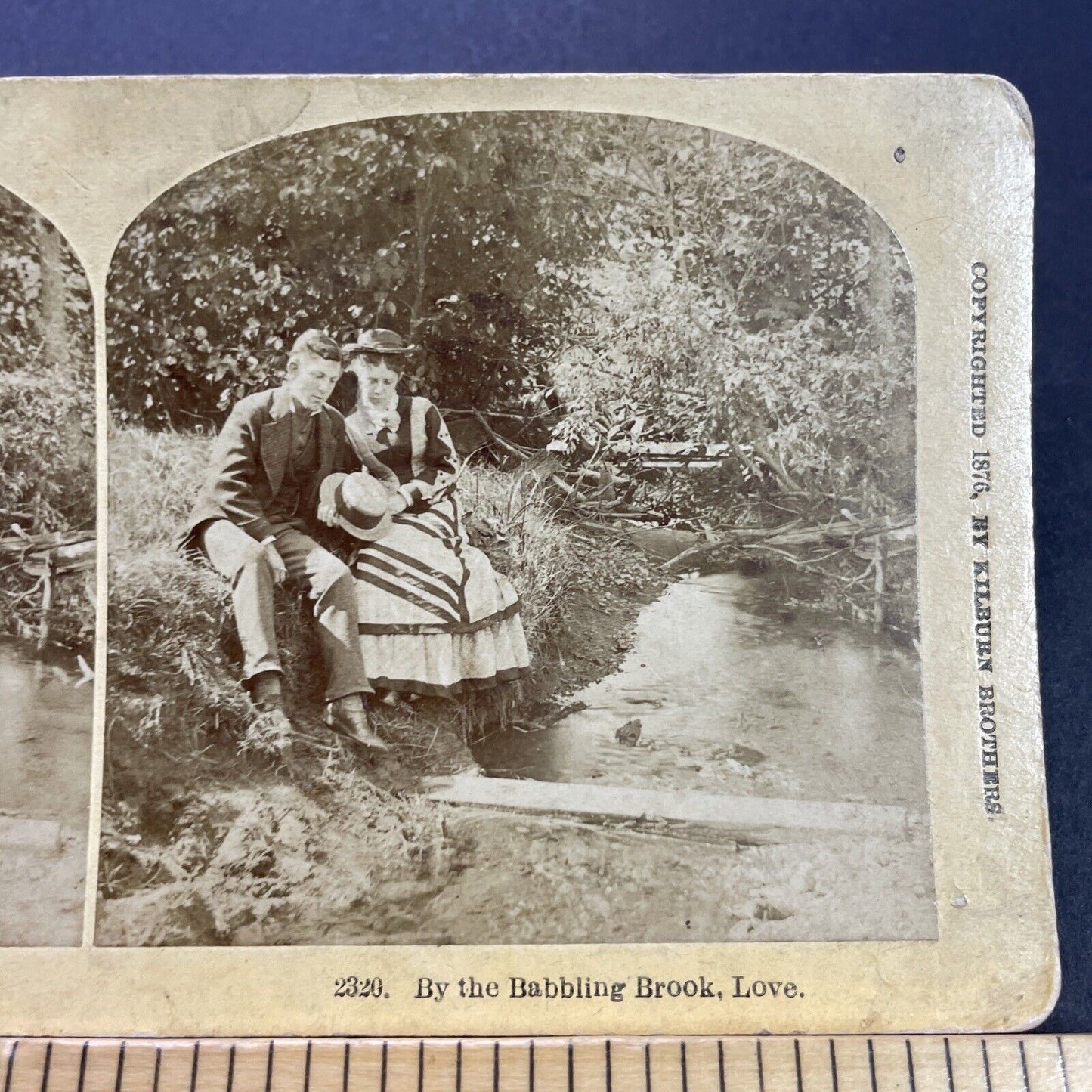 Antique 1876 Lovers Cuddle Beside A River Stereoview Photo Card P3546