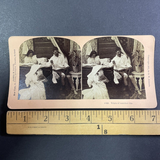 Exhausted Parents with New Children Stereoview James M. Davis Antique 1897 Y1795