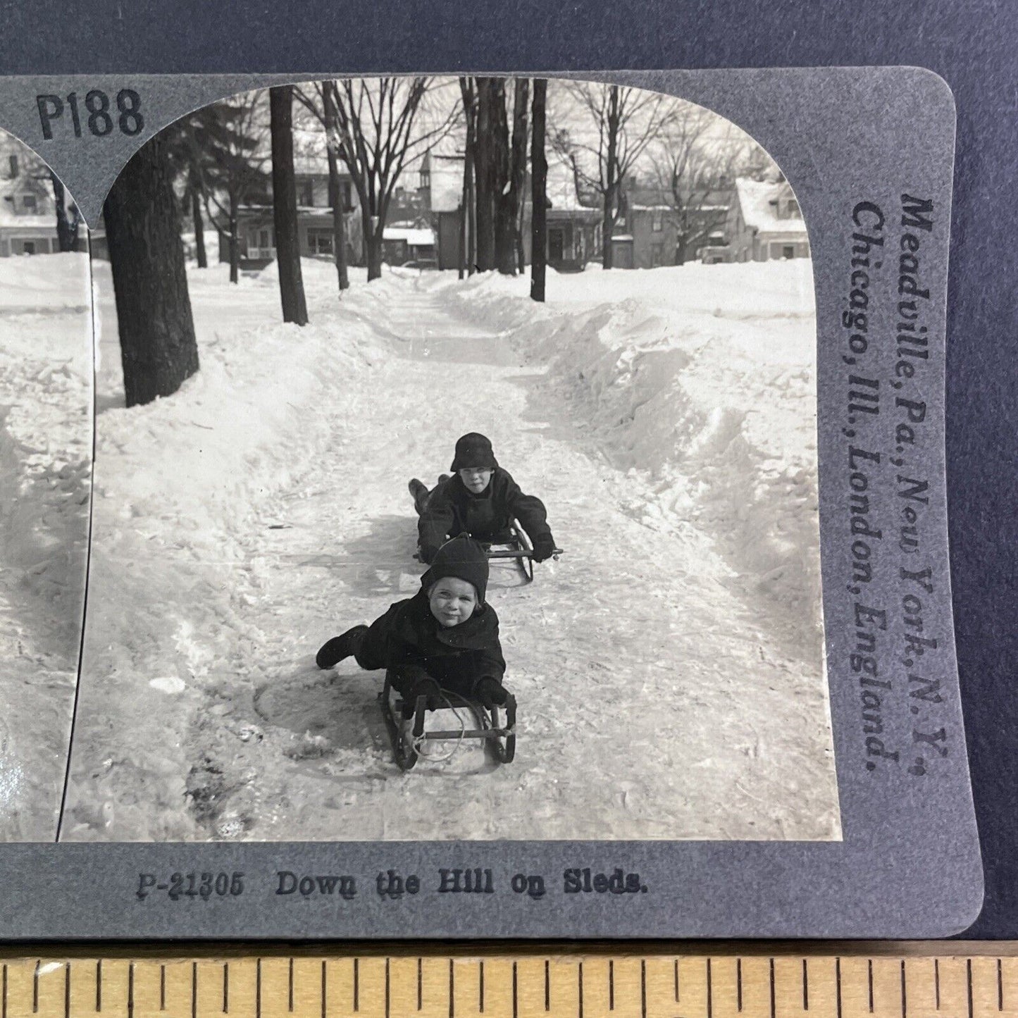 Children Sledding in Winter Stereoview Scarce Late View Antique c1935 Y1354