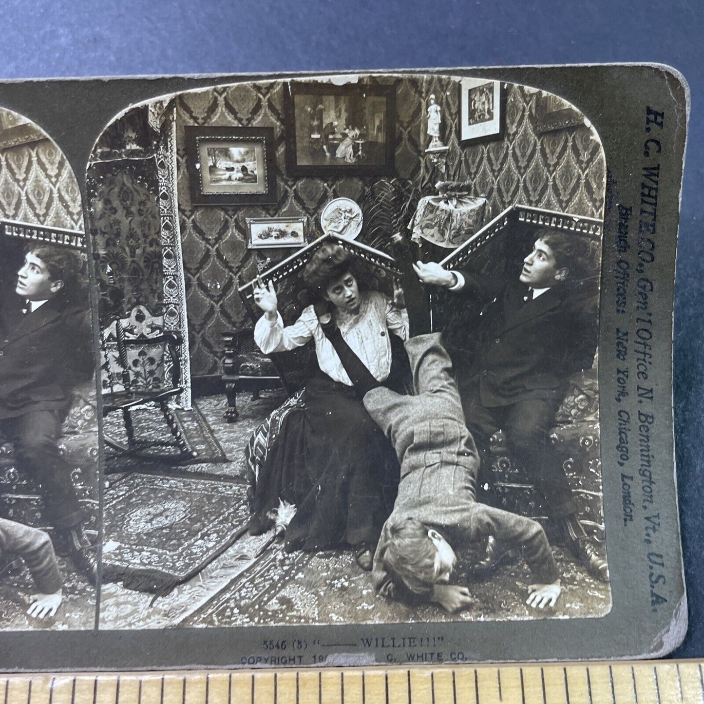 Antique 1903 Boy Falls Off Of Dressing Room Divider  Stereoview Photo Card P2900