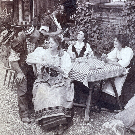 Antique 1897 Drunks Courting Young Women Switzerland Stereoview Photo Card PC812