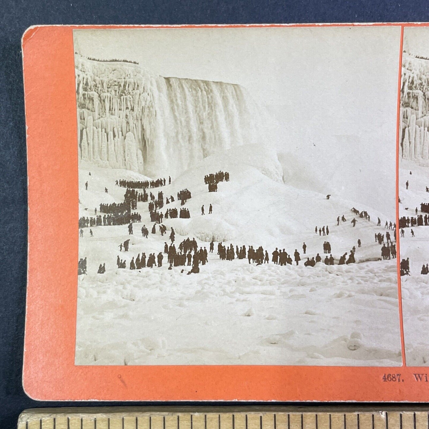 Skiing and Tobogganing Down Niagara Falls Ice Stereoview Antique c1888 X1923