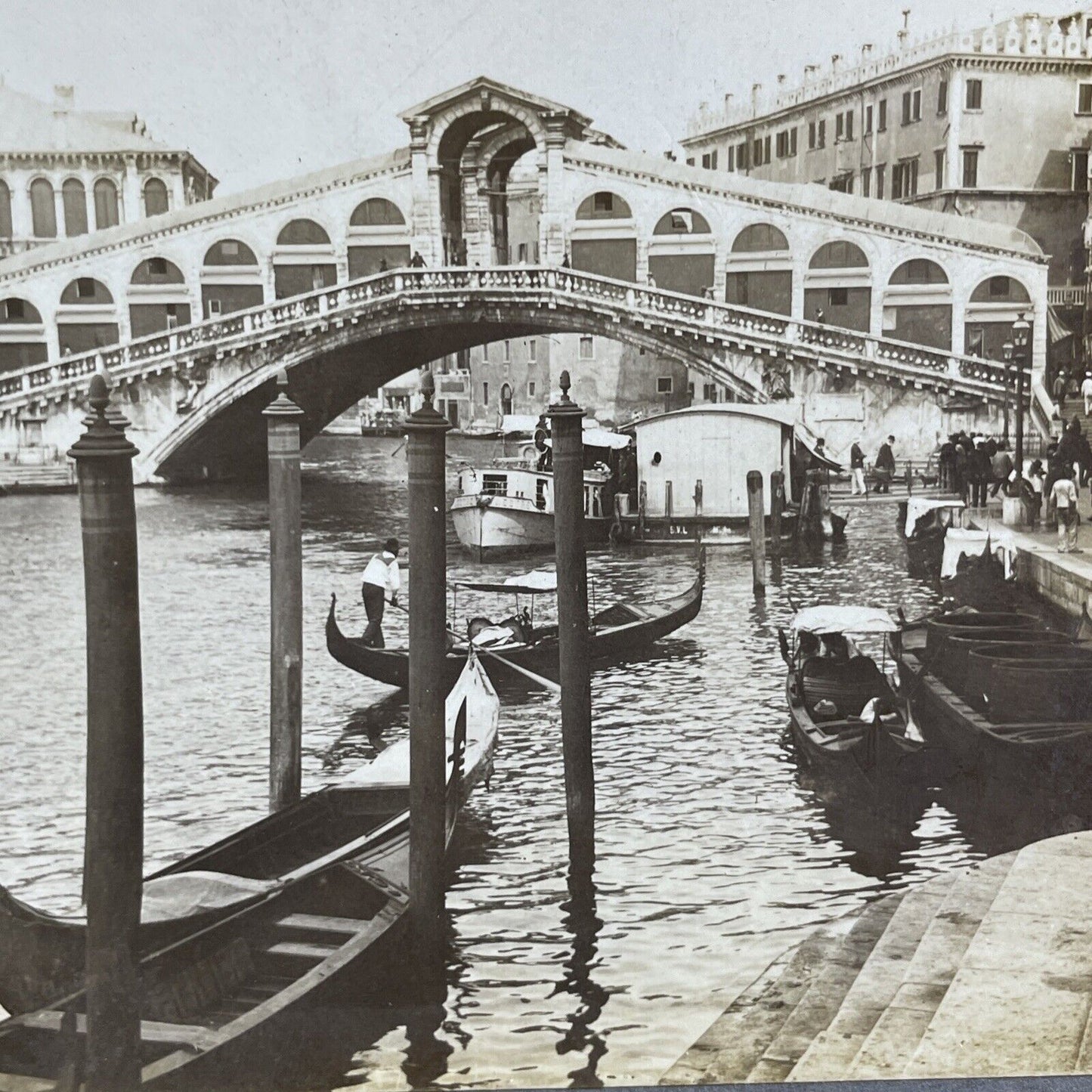 Antique 1903 The Rialto Bridge In Venice Italy Stereoview Photo Card P2182