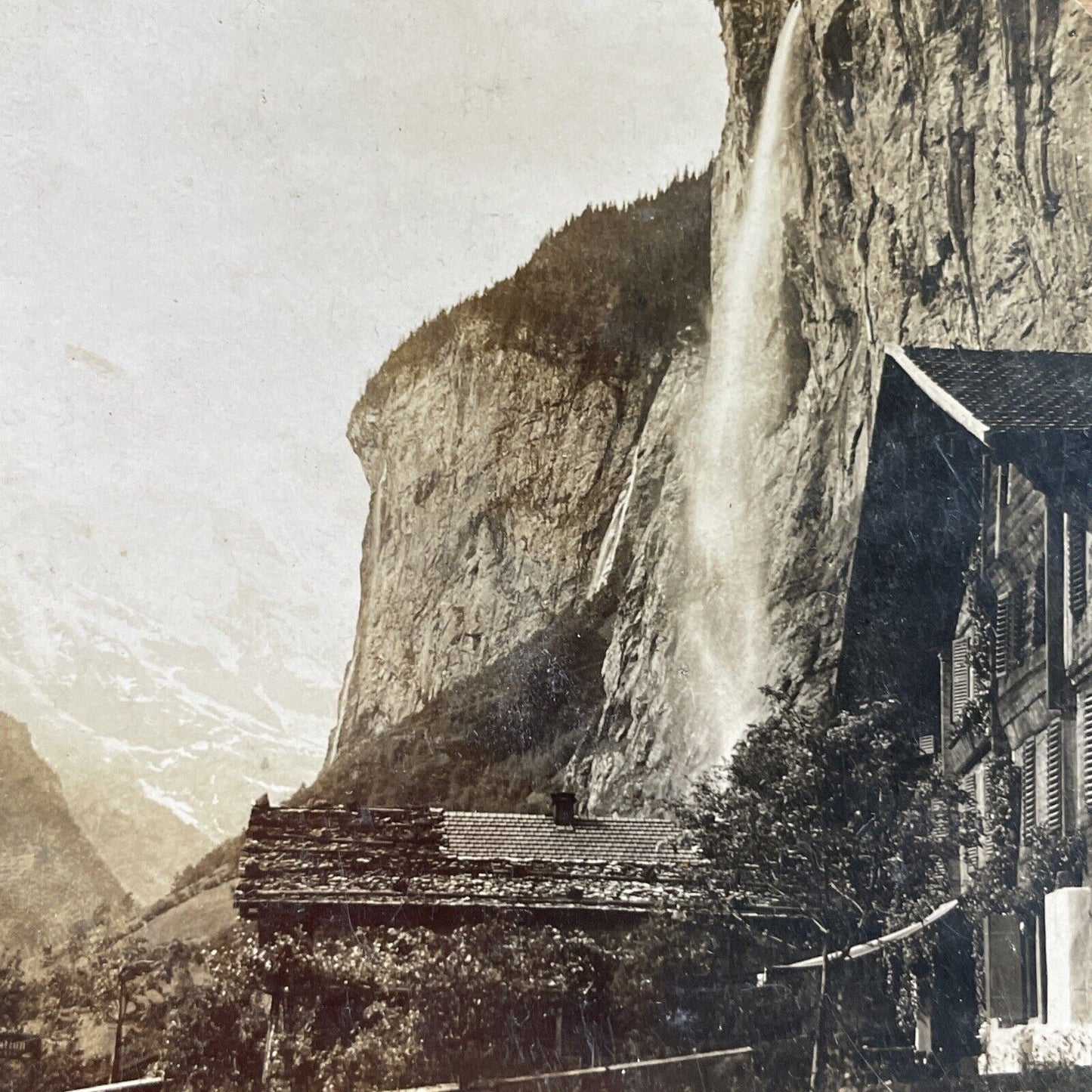 Antique 1901 Lauterbrunnen Switzerland Waterfall Stereoview Photo Card P3910