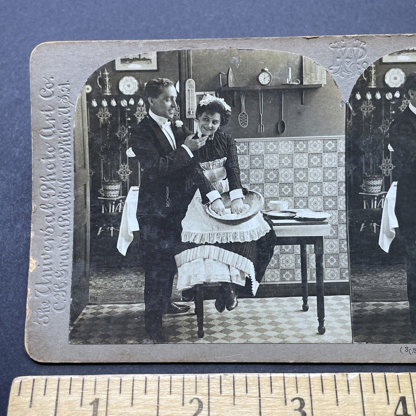 Antique 1901 Man Flirting With His New Kitchen Maid Stereoview Photo Card P2580