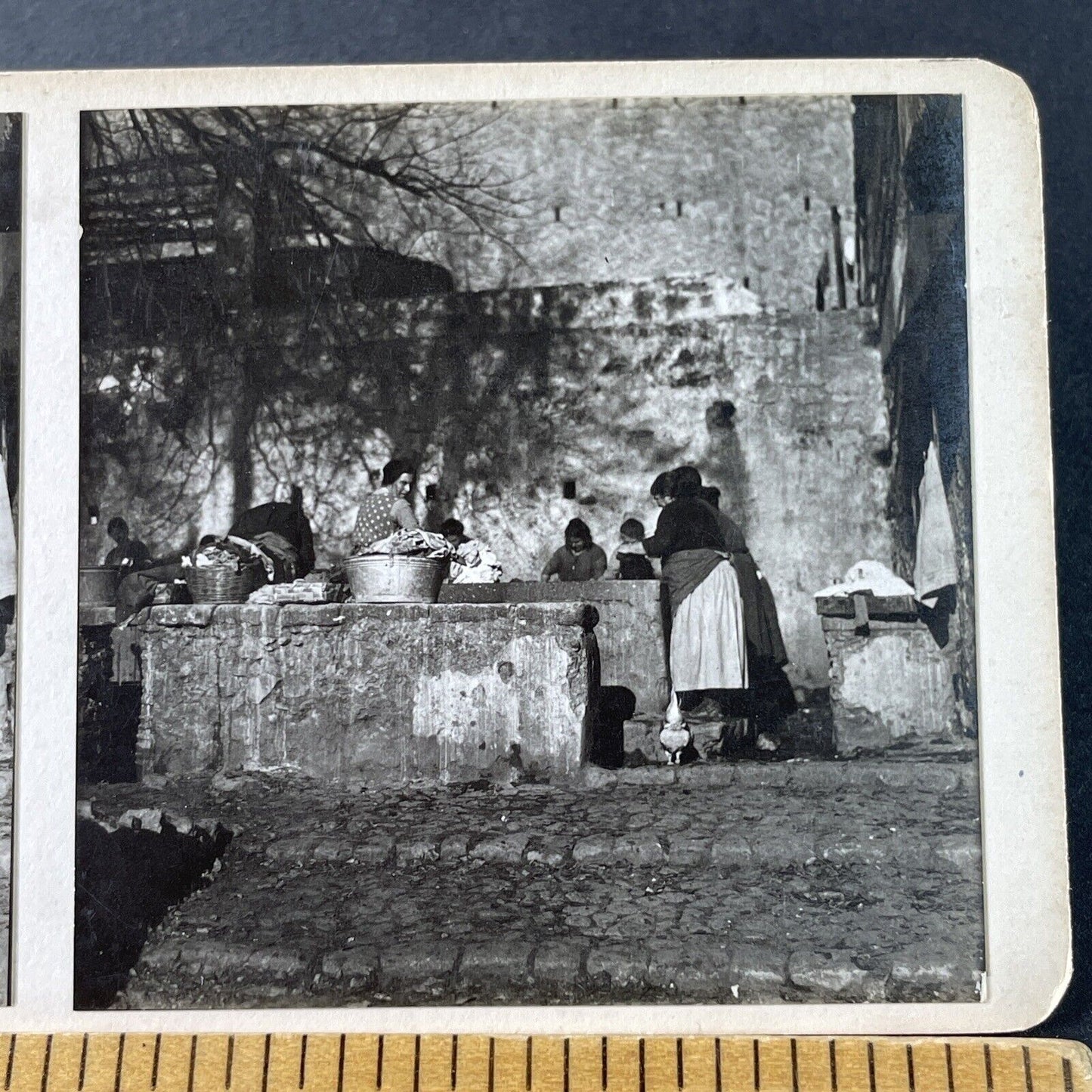 Antique 1925 Women Washing Clothes Turin Italy OOAK Stereoview Photo Card 3226